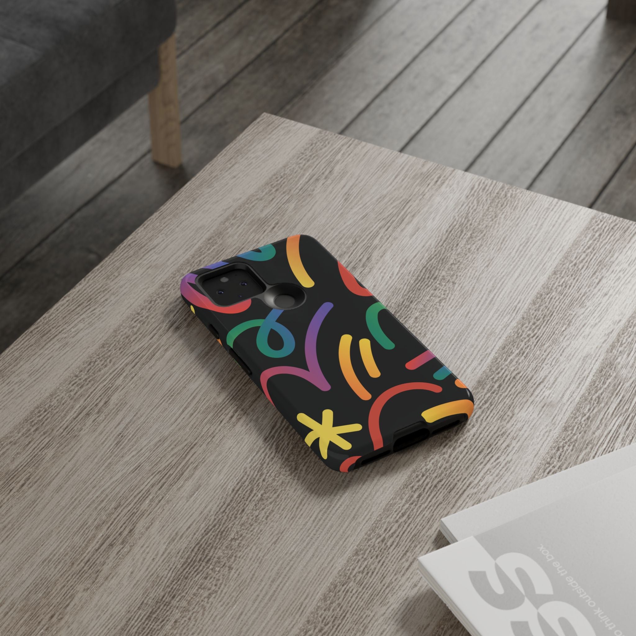 Colorful Doodle Tough Phone Case — Black Background Protective Cover