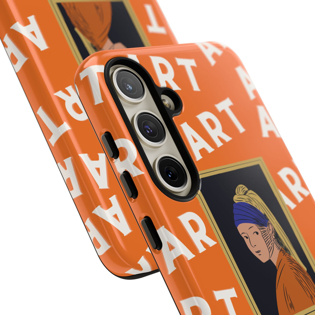 Bold Orange "ART" Pattern with Framed Girl with Pearl Earring Illustration