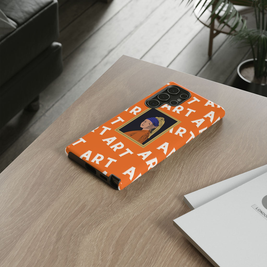 Bold Orange "ART" Pattern with Framed Girl with Pearl Earring Illustration