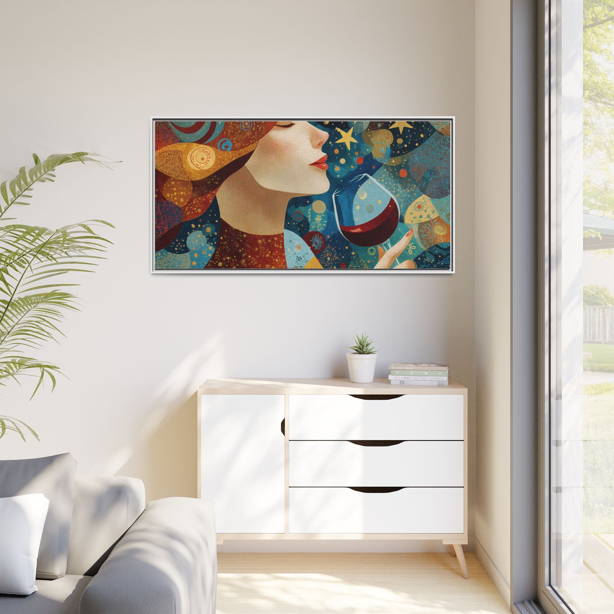 Wine Night Framed Canvas Art — Colorful Woman Drinking Wine Wall Decor