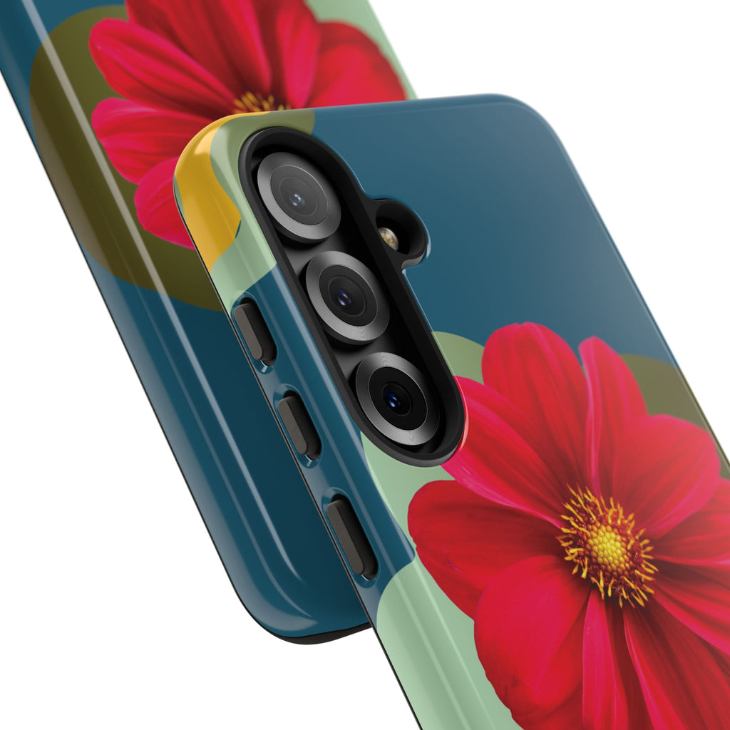 Floral Burst Tough Phone Case — Red Flower on Teal Protective Cover