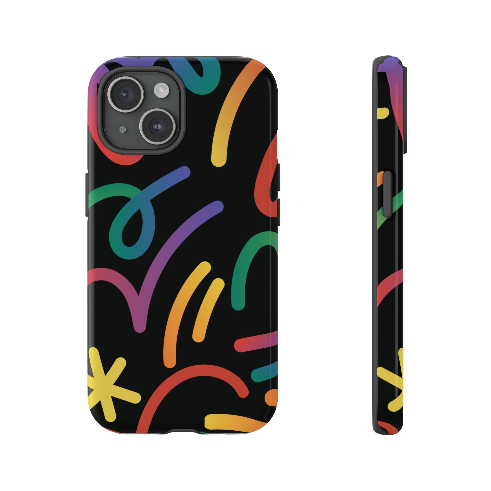 Colorful Doodle Tough Phone Case — Black Background Protective Cover