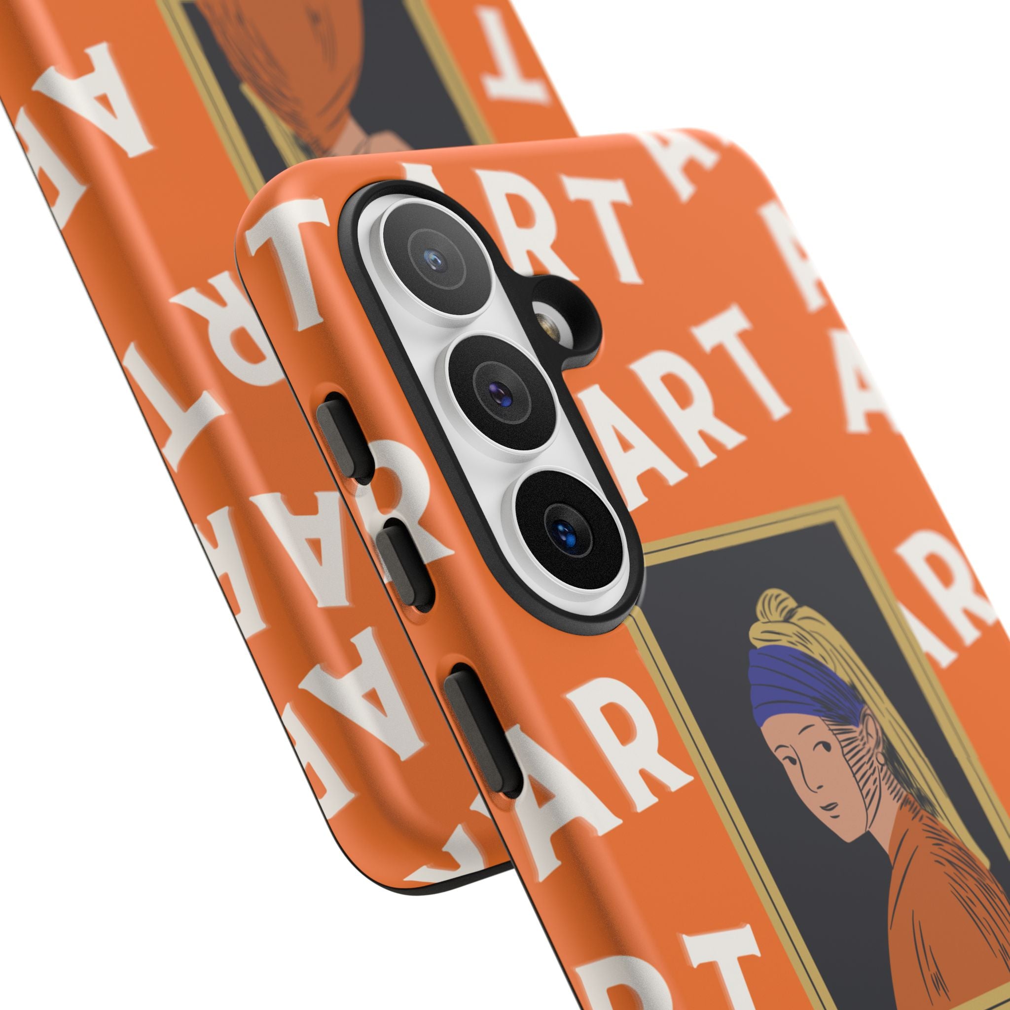 Bold Orange "ART" Pattern with Framed Girl with Pearl Earring Illustration