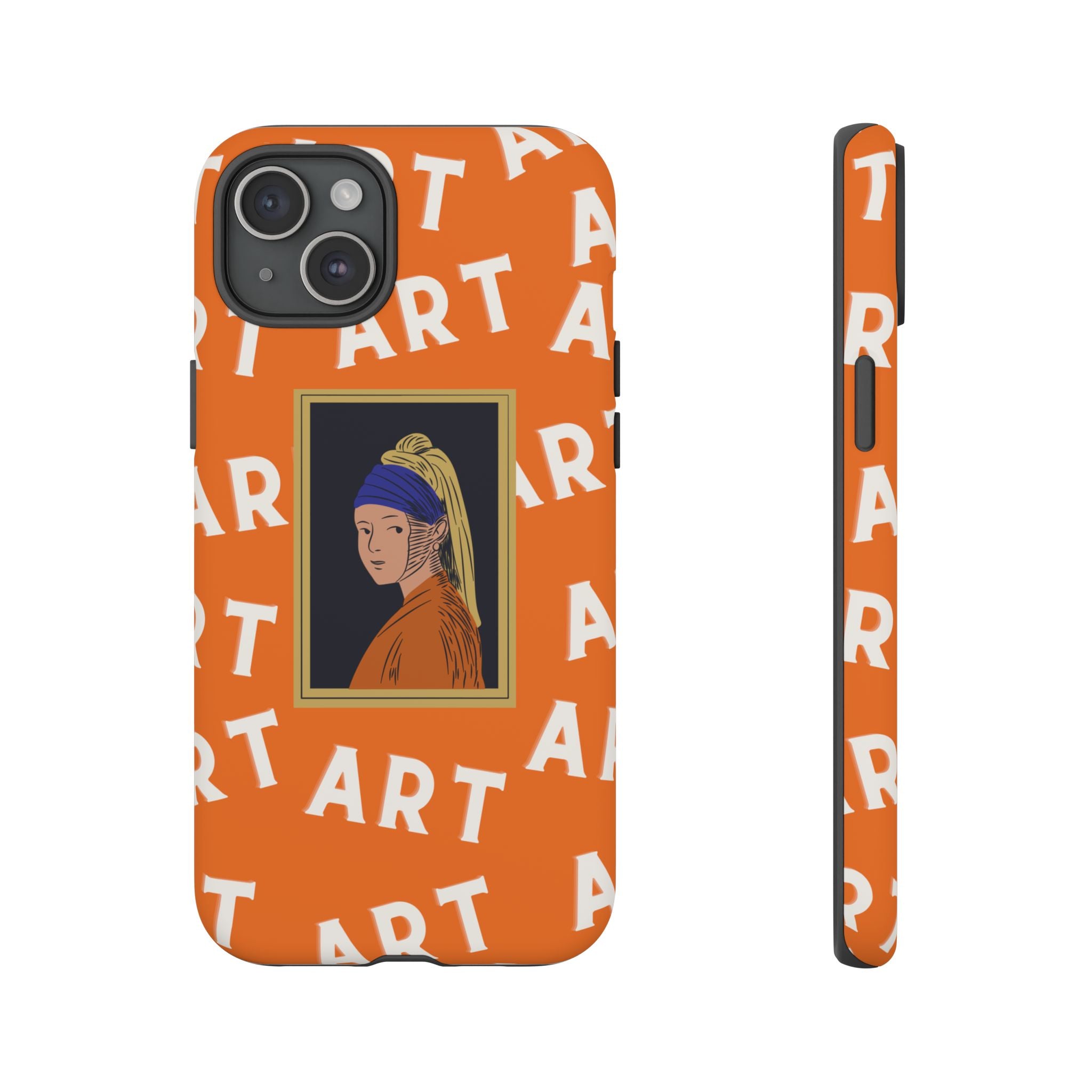 Bold Orange "ART" Pattern with Framed Girl with Pearl Earring Illustration