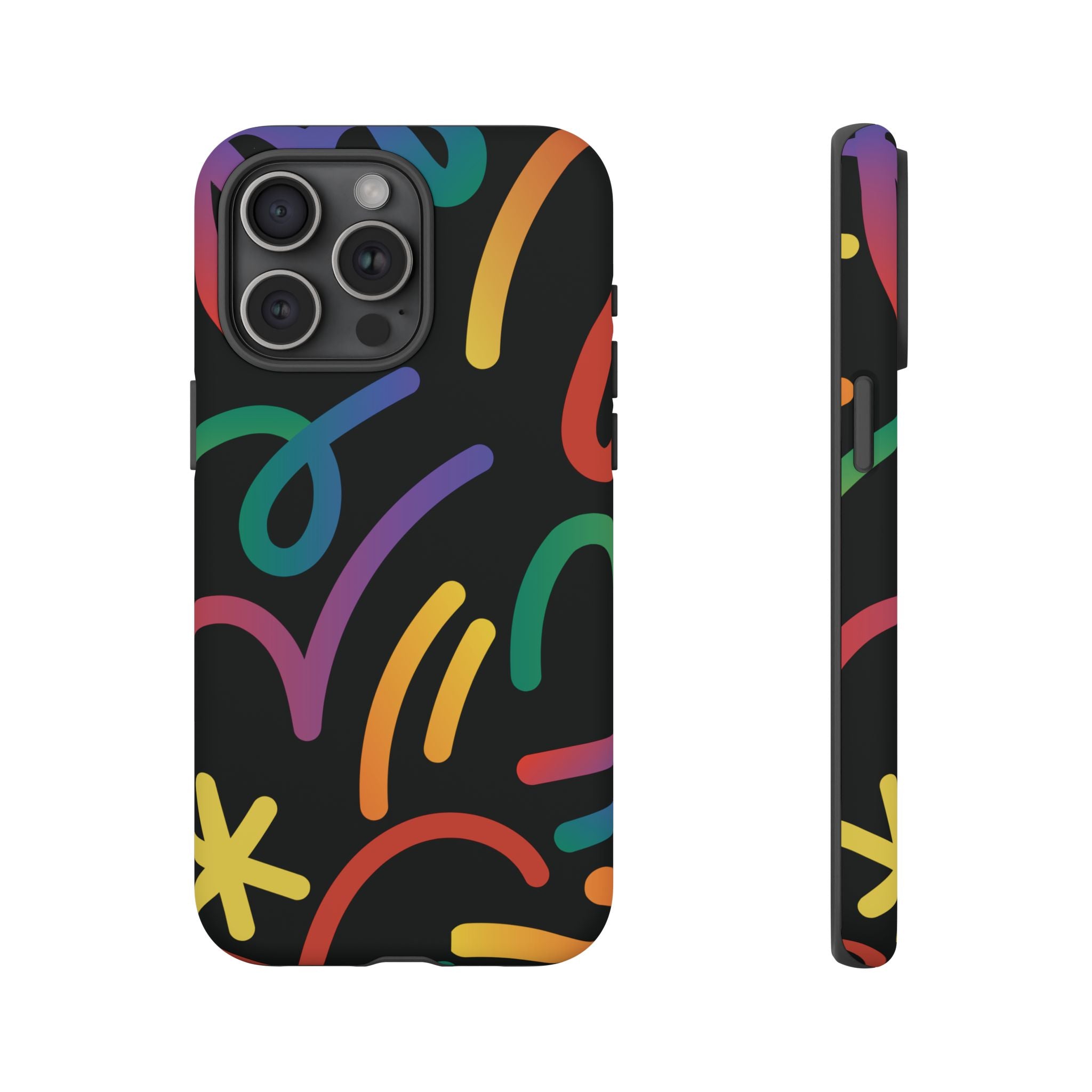 Colorful Doodle Tough Phone Case — Black Background Protective Cover