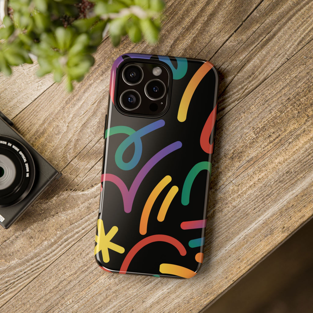 Colorful Doodle Tough Phone Case — Black Background Protective Cover