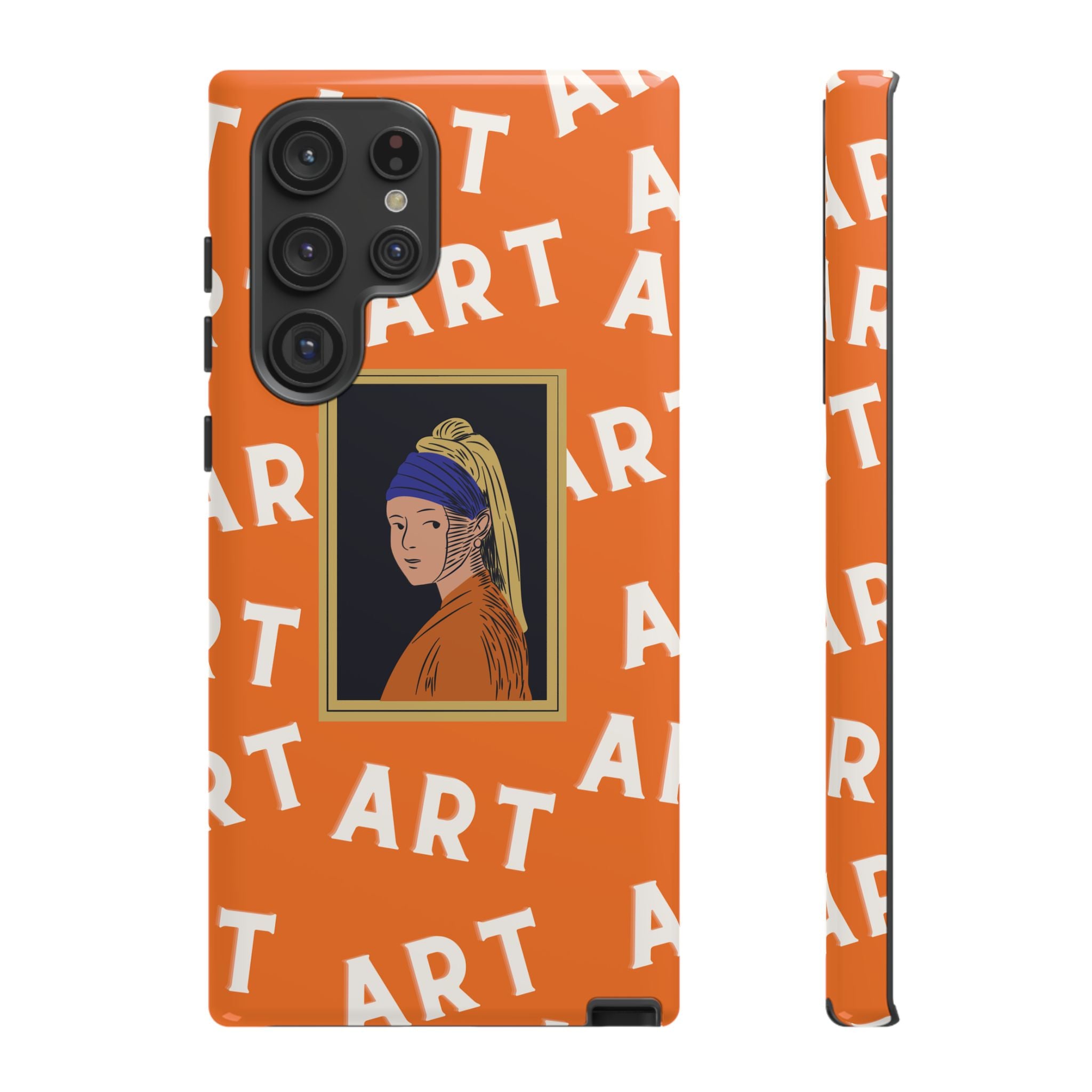 Bold Orange "ART" Pattern with Framed Girl with Pearl Earring Illustration