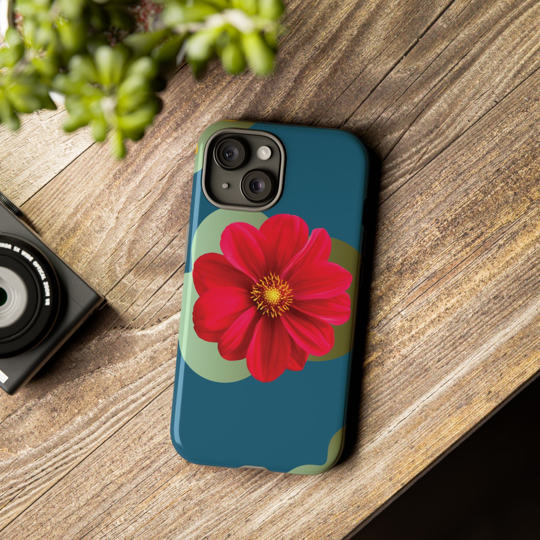 Floral Burst Tough Phone Case — Red Flower on Teal Protective Cover