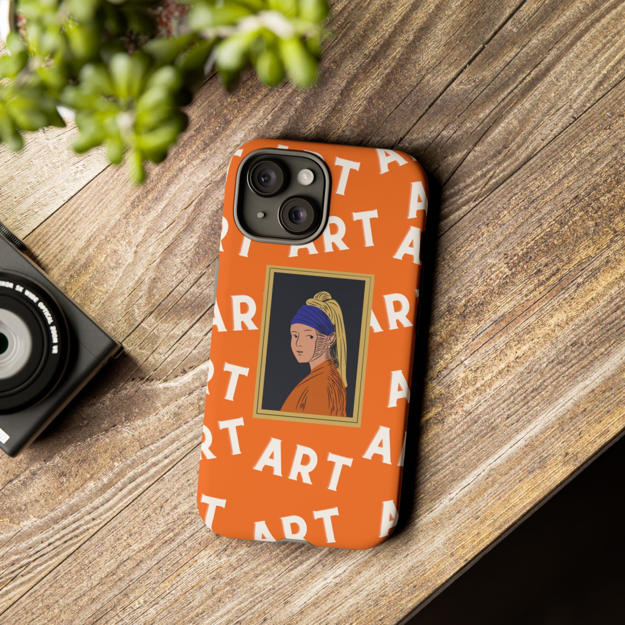 Bold Orange "ART" Pattern with Framed Girl with Pearl Earring Illustration