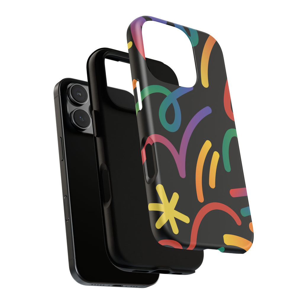 Colorful Doodle Tough Phone Case — Black Background Protective Cover