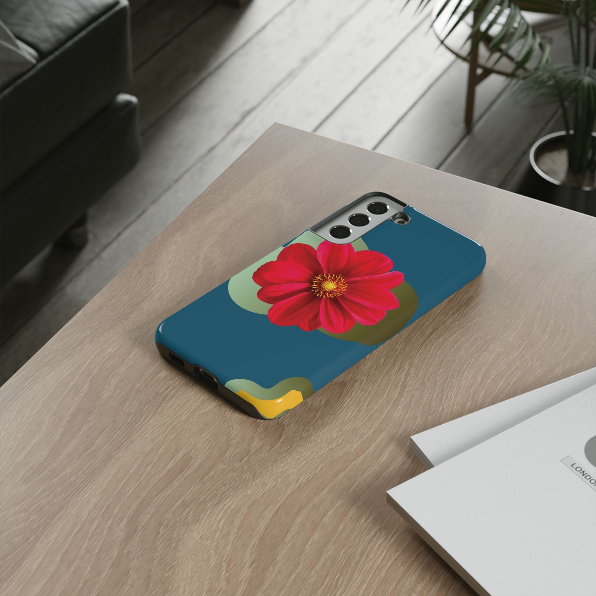 Floral Burst Tough Phone Case — Red Flower on Teal Protective Cover