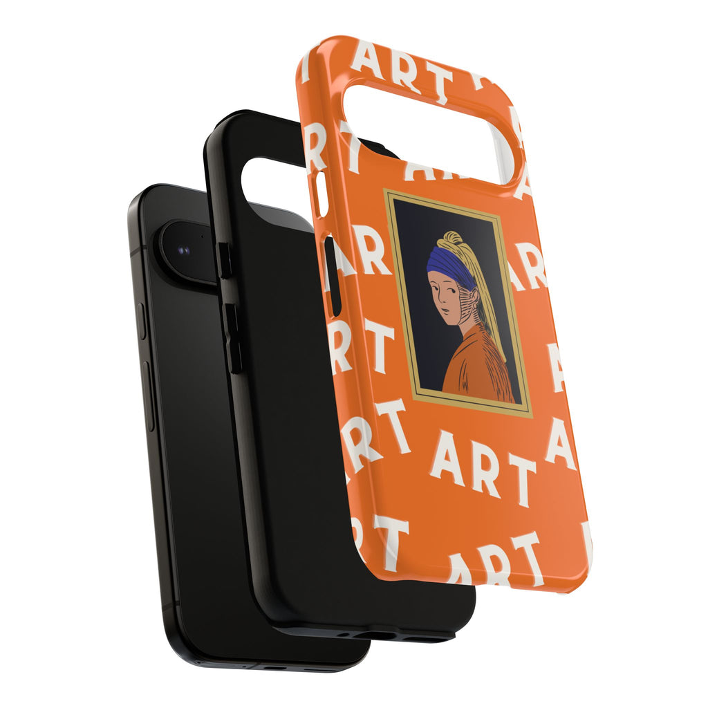 Bold Orange "ART" Pattern with Framed Girl with Pearl Earring Illustration