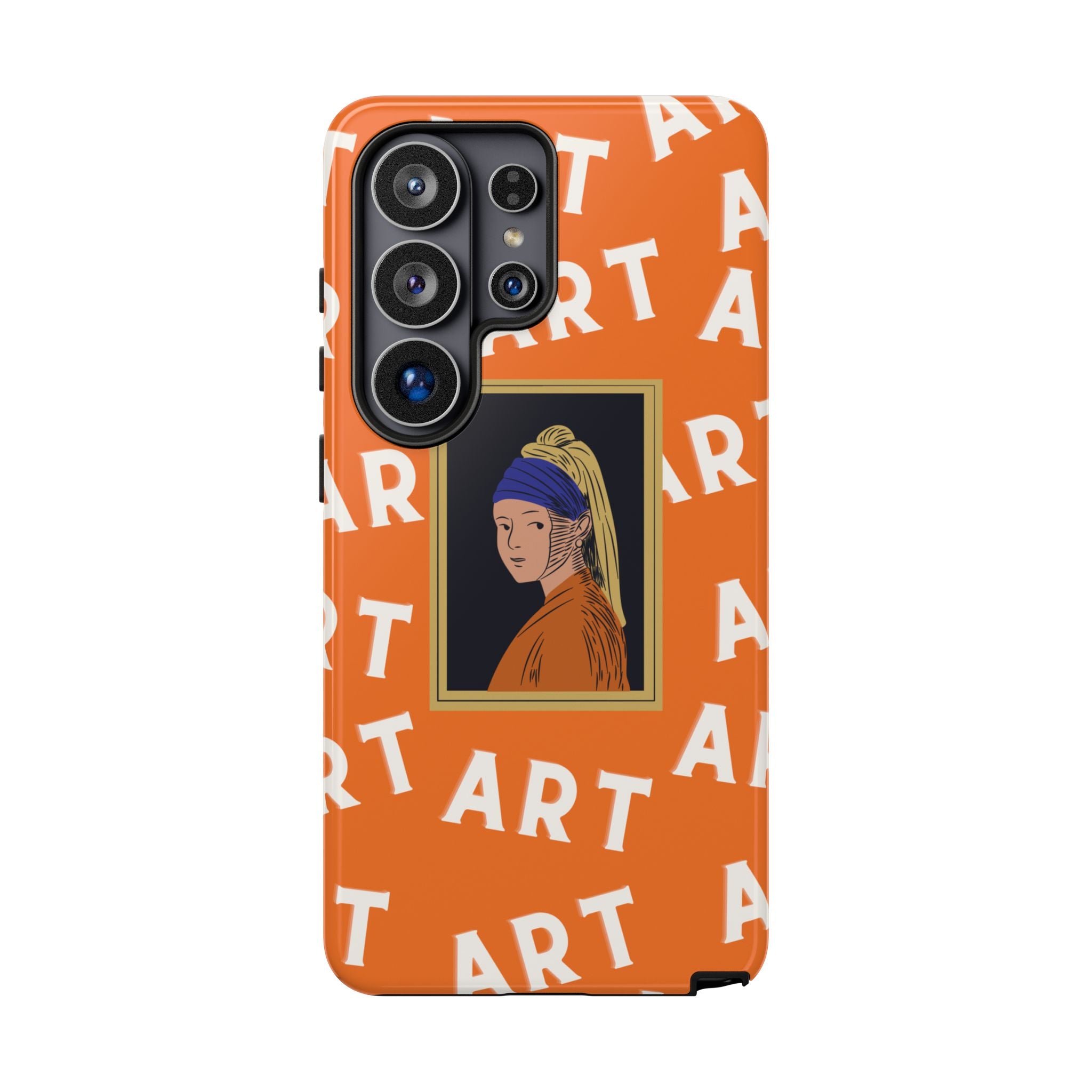 Bold Orange "ART" Pattern with Framed Girl with Pearl Earring Illustration