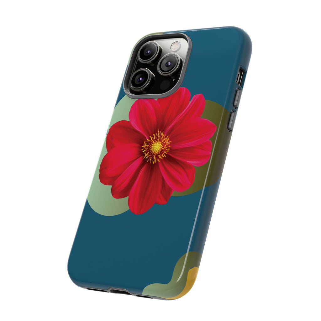 Floral Burst Tough Phone Case — Red Flower on Teal Protective Cover