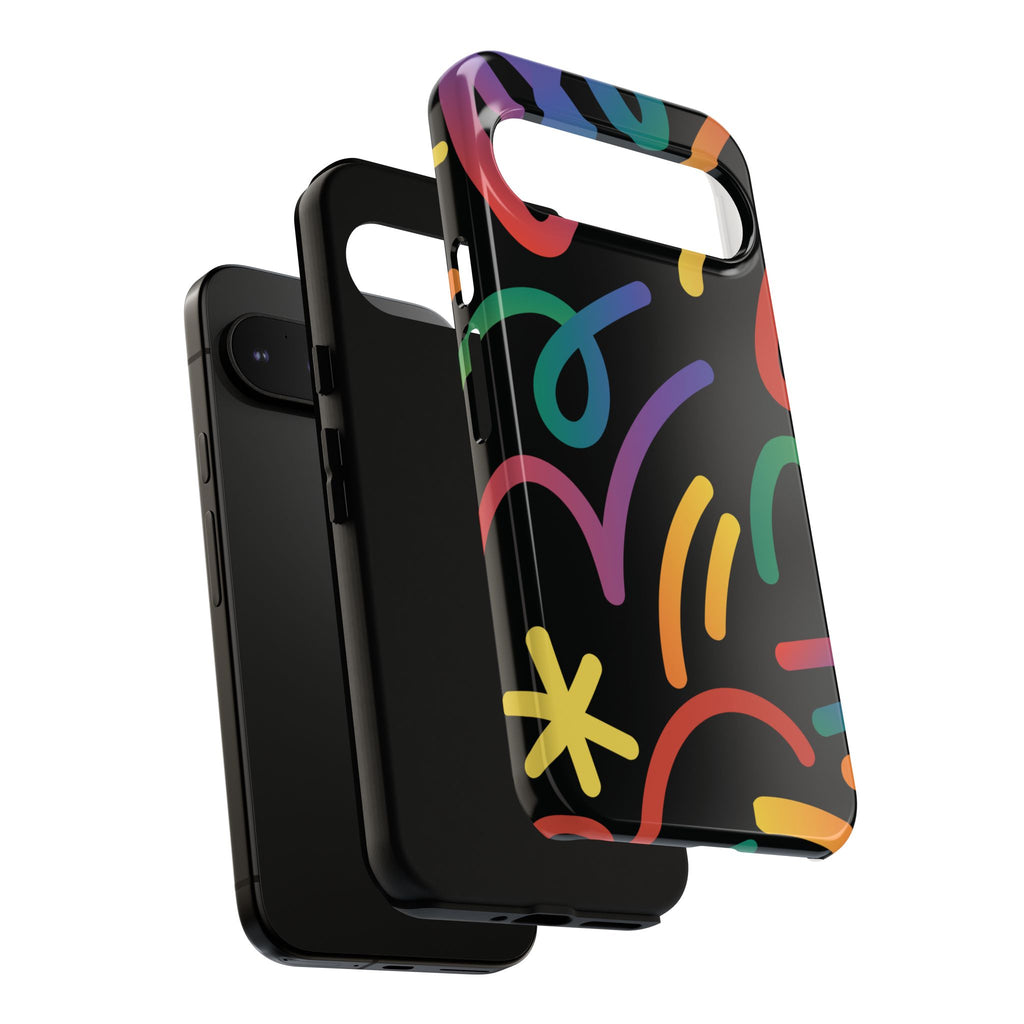 Colorful Doodle Tough Phone Case — Black Background Protective Cover