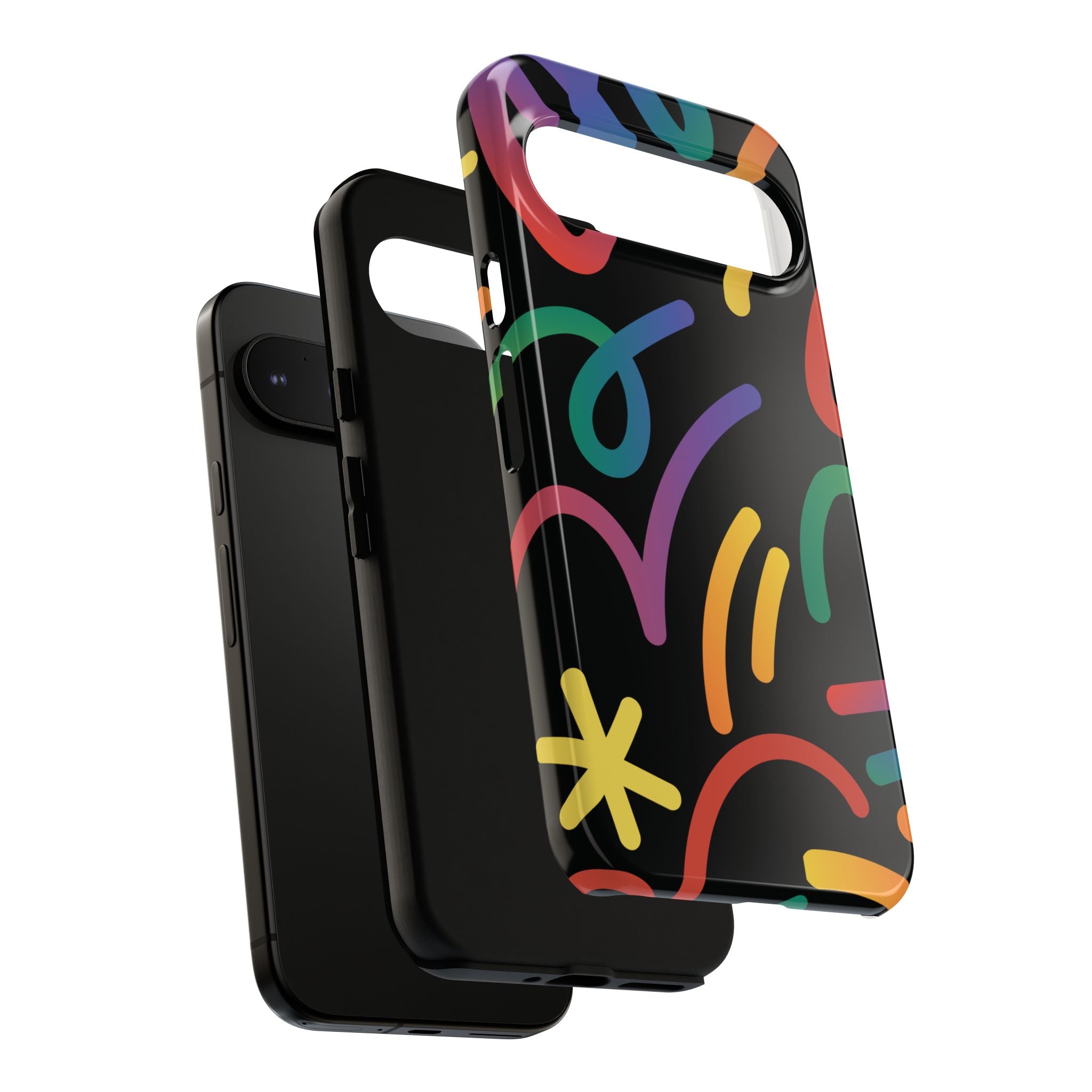 Colorful Doodle Tough Phone Case — Black Background Protective Cover