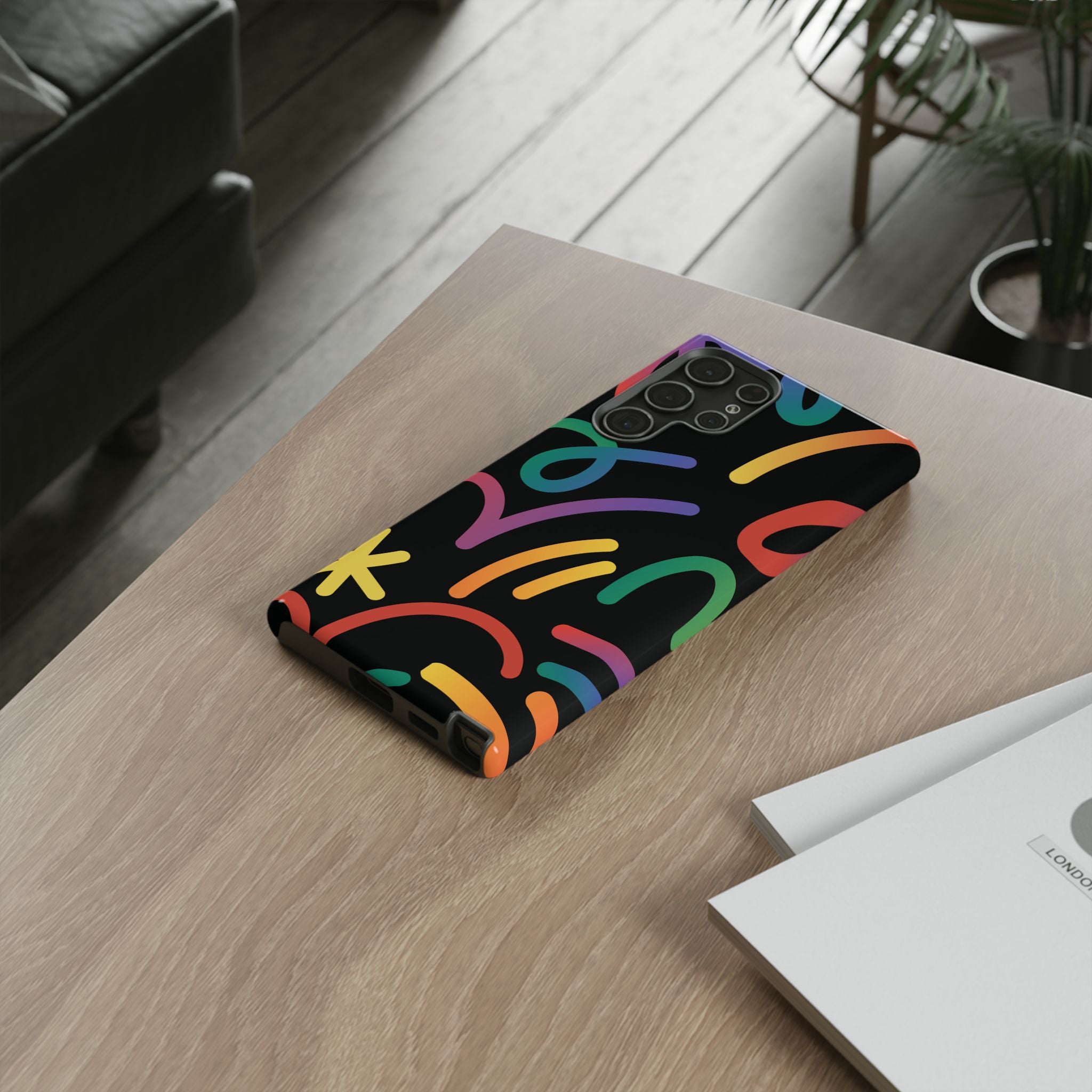 Colorful Doodle Tough Phone Case — Black Background Protective Cover