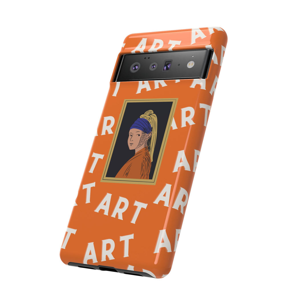 Bold Orange "ART" Pattern with Framed Girl with Pearl Earring Illustration