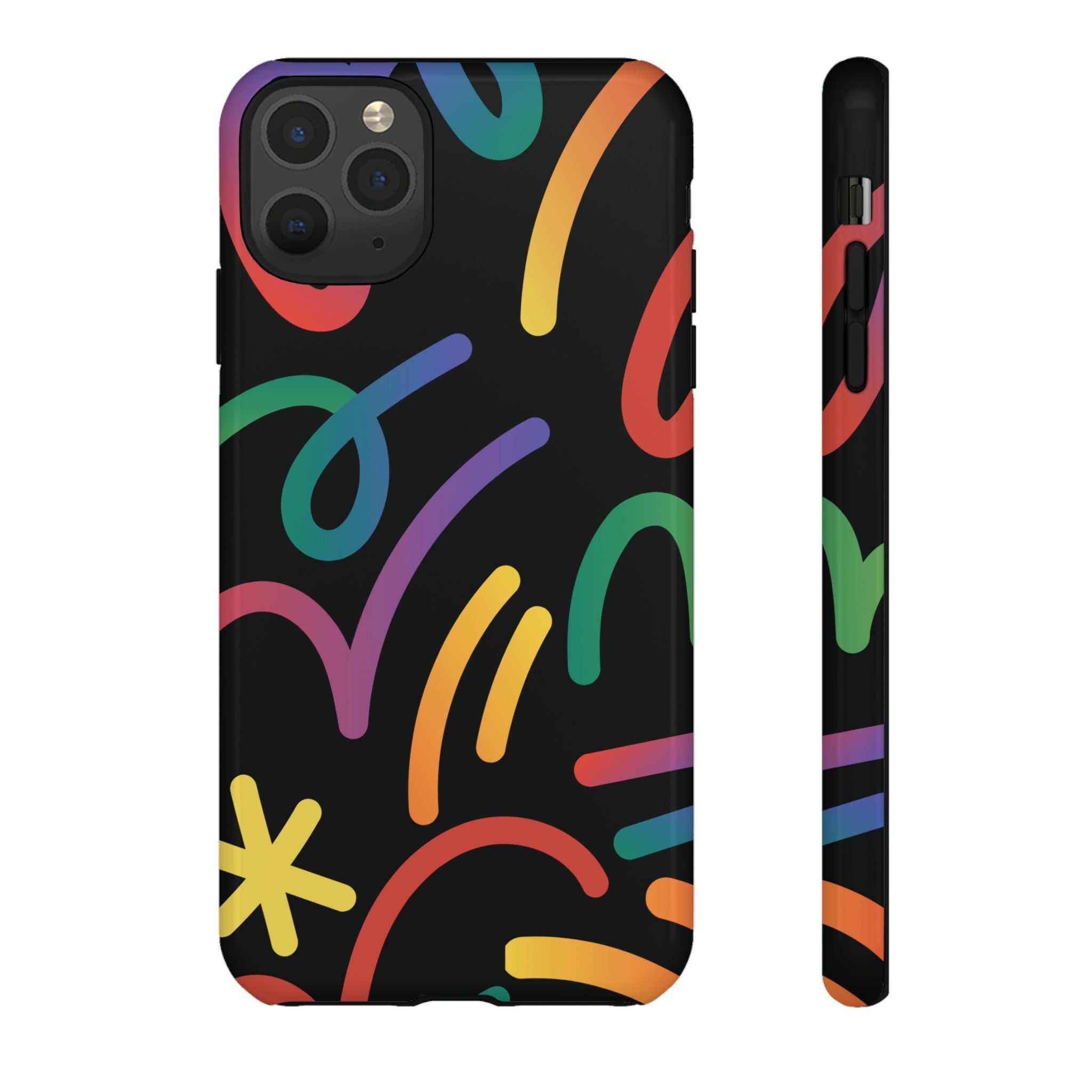 Colorful Doodle Tough Phone Case — Black Background Protective Cover