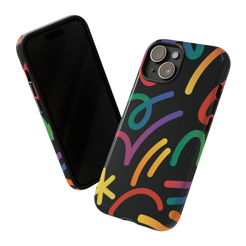 Colorful Doodle Tough Phone Case — Black Background Protective Cover