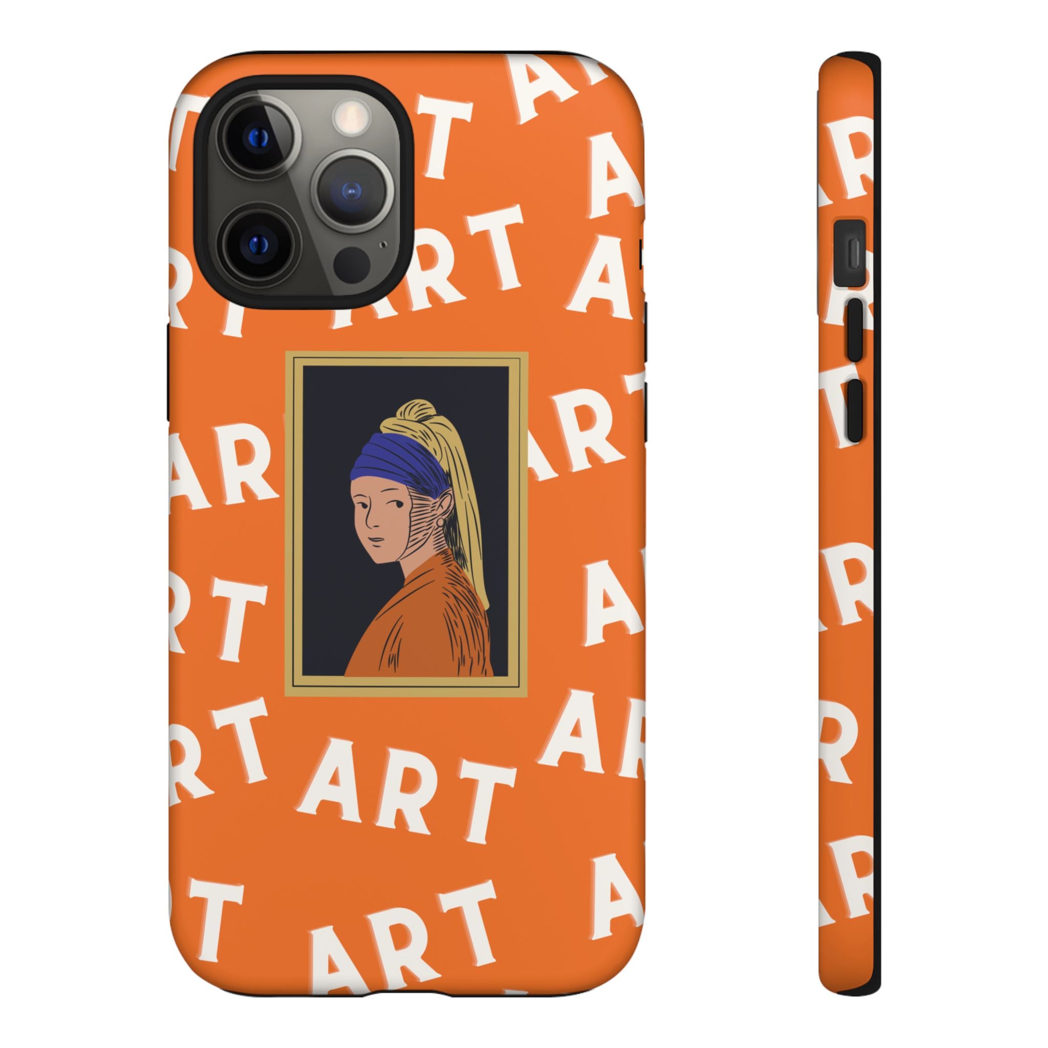 Bold Orange "ART" Pattern with Framed Girl with Pearl Earring Illustration