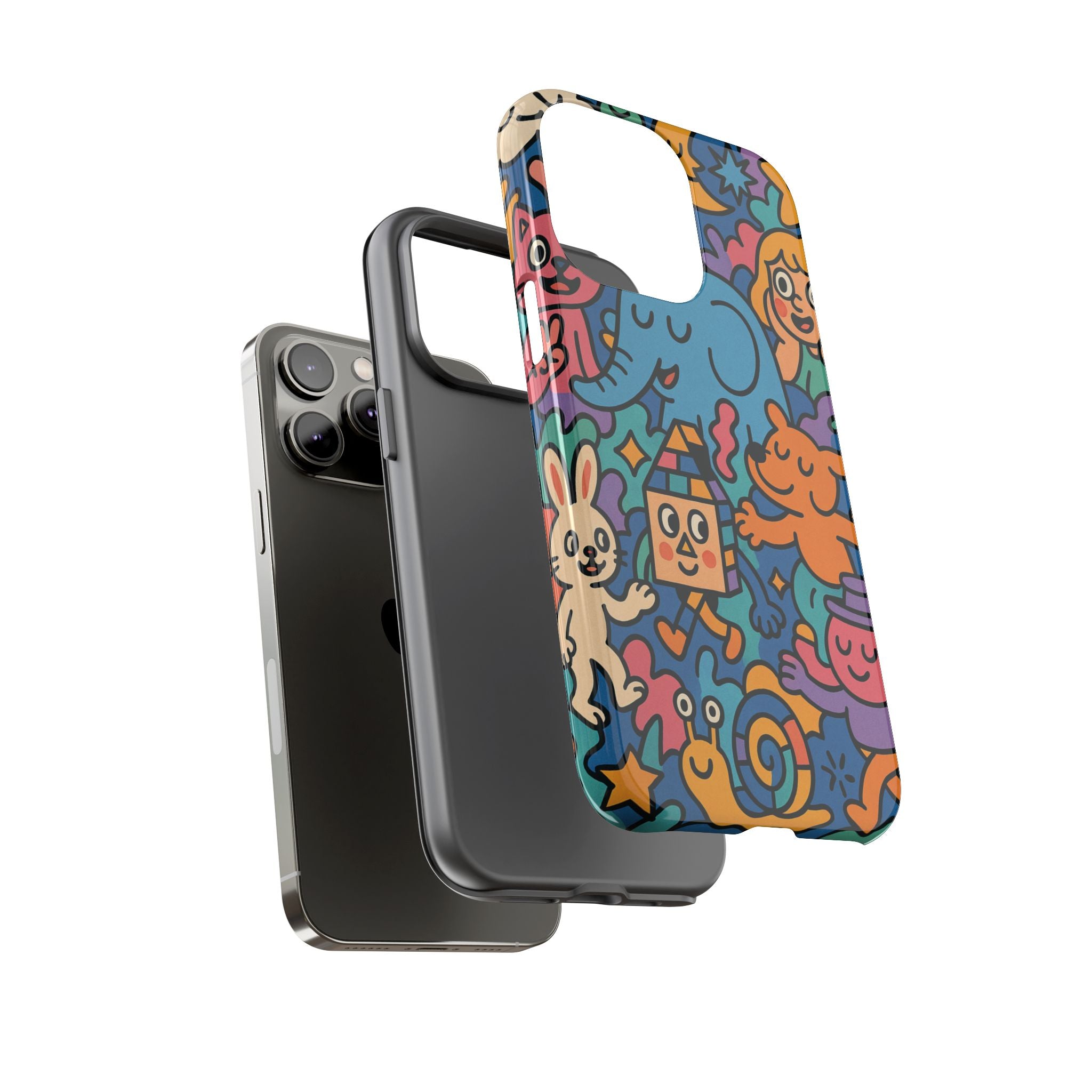 Colorful Doodle Phone Case — Cute Cartoon Animals & Characters