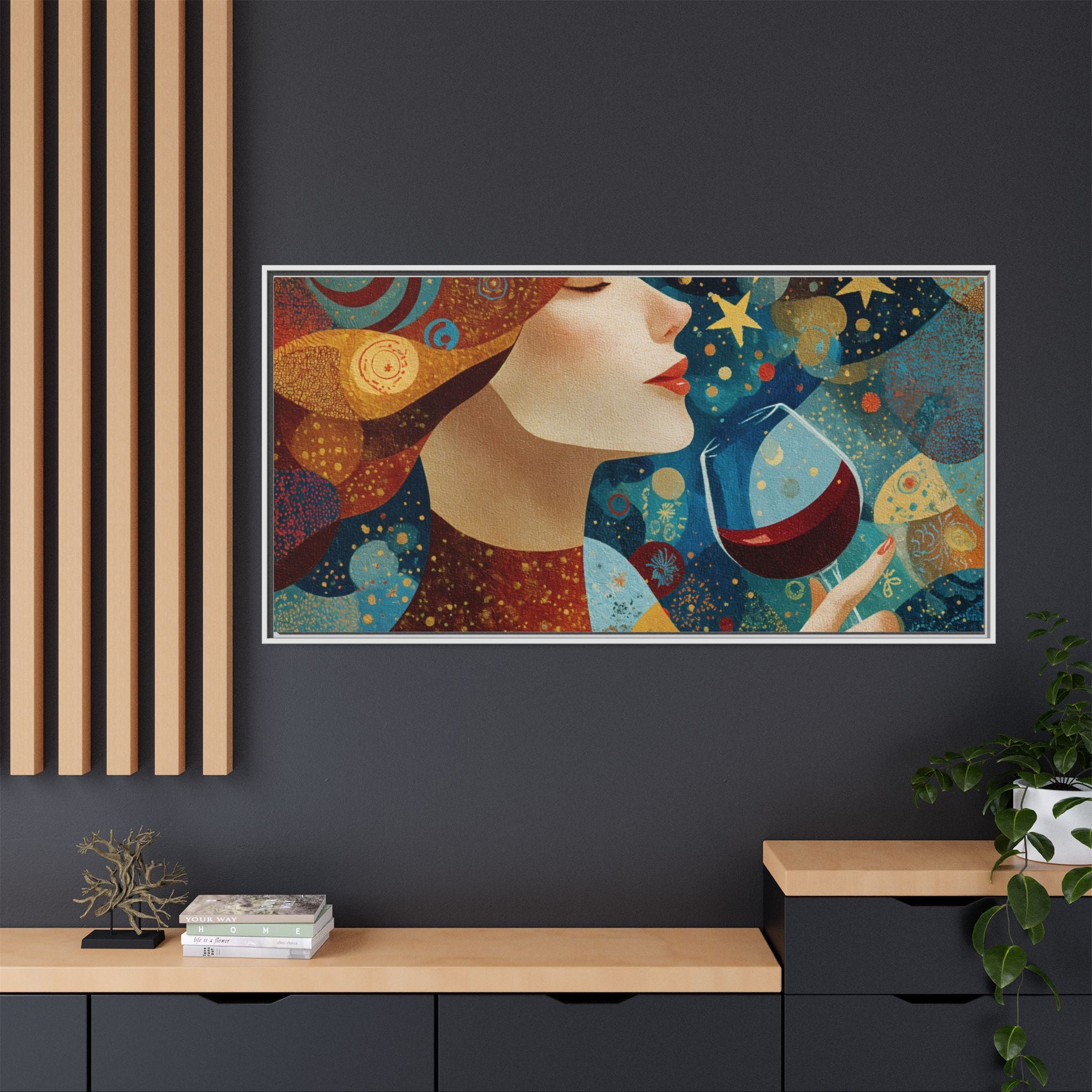 Wine Night Framed Canvas Art — Colorful Woman Drinking Wine Wall Decor
