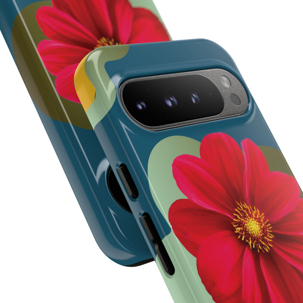Floral Burst Tough Phone Case — Red Flower on Teal Protective Cover