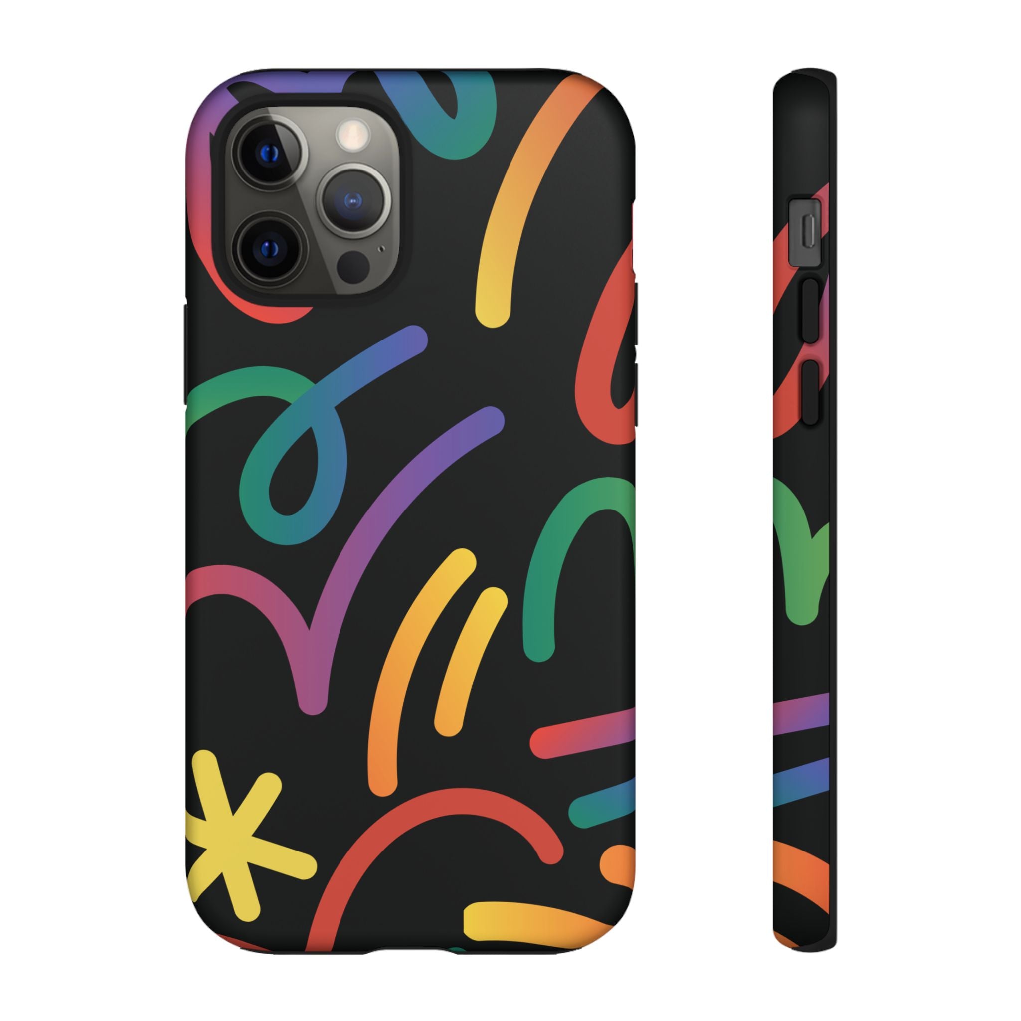 Colorful Doodle Tough Phone Case — Black Background Protective Cover