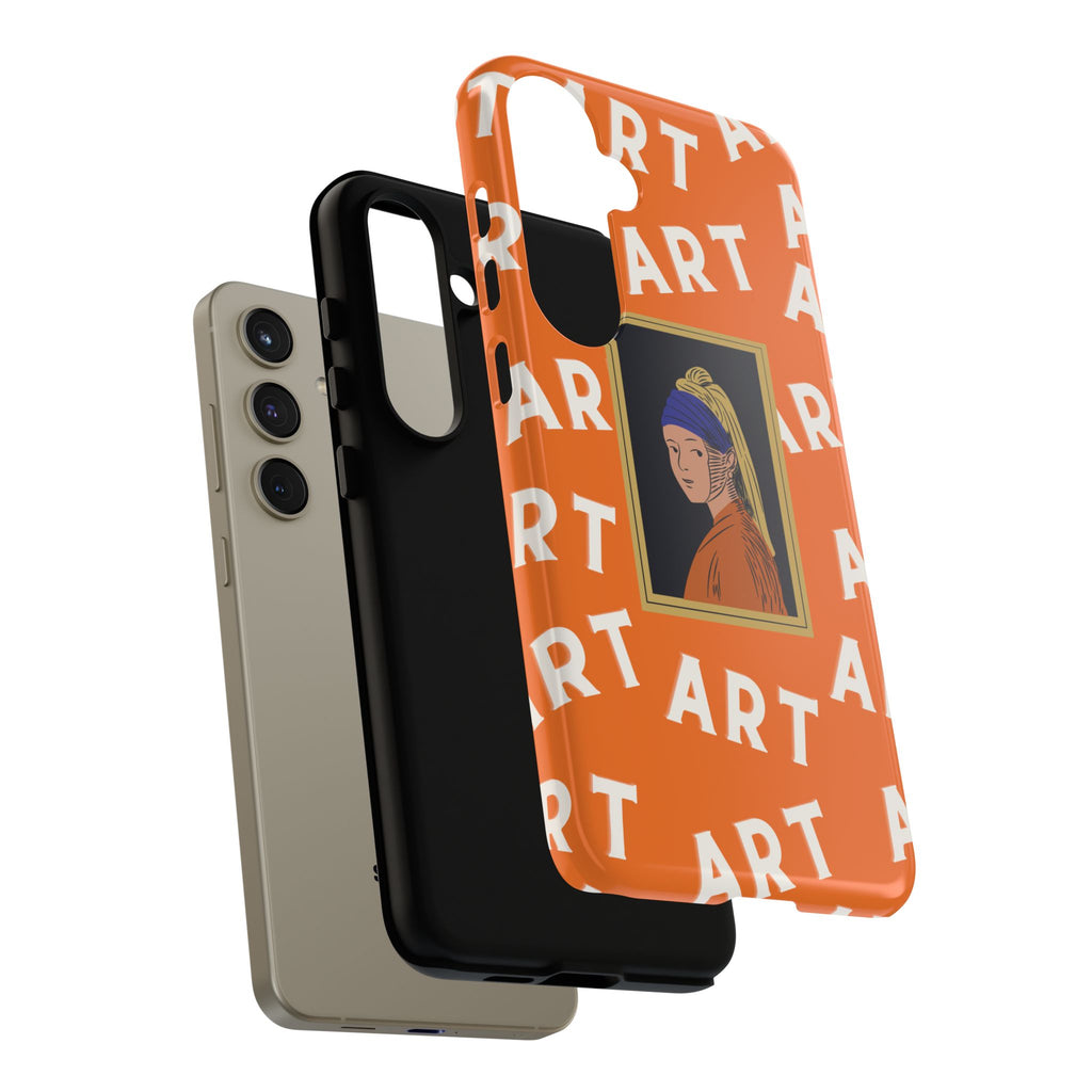 Bold Orange "ART" Pattern with Framed Girl with Pearl Earring Illustration