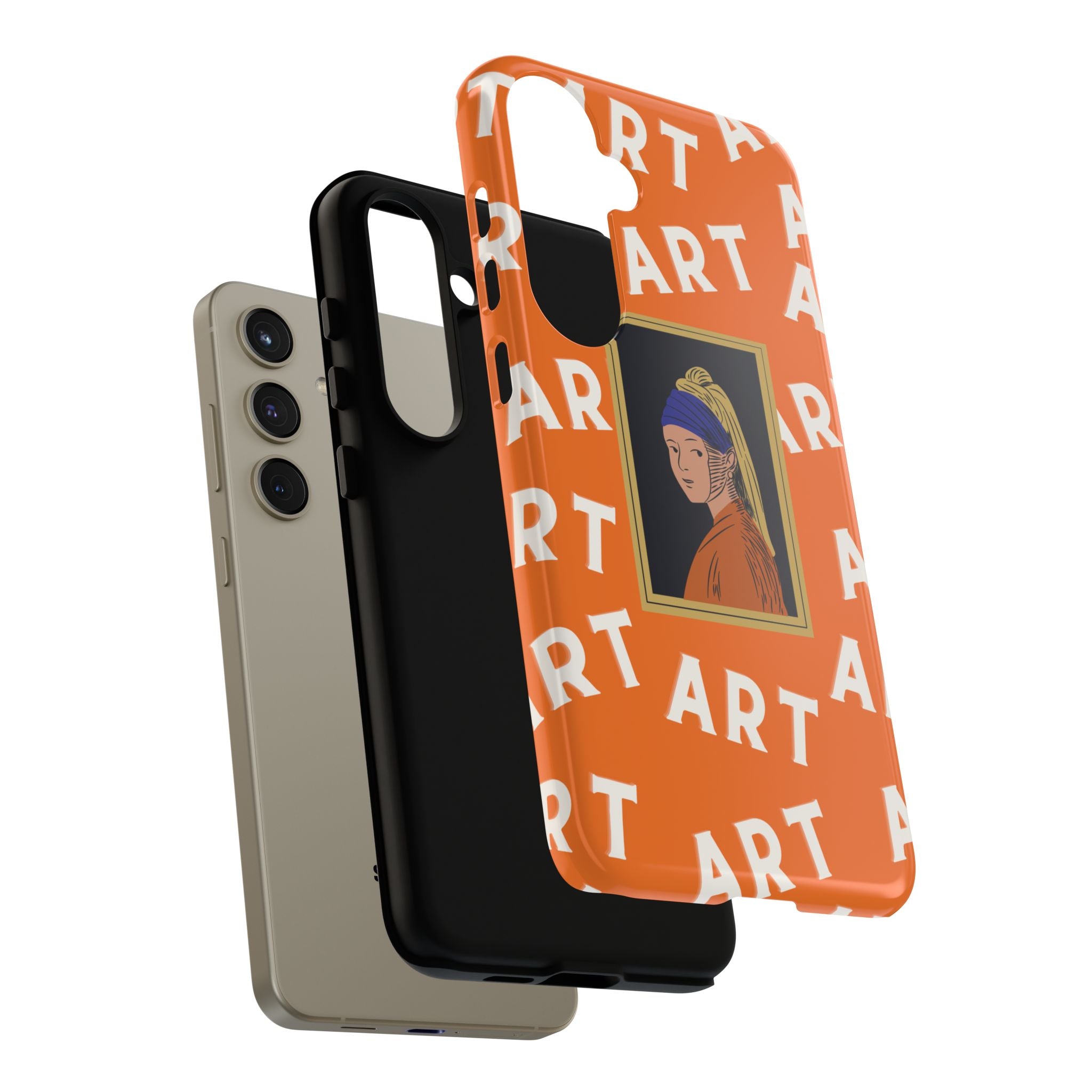 Bold Orange "ART" Pattern with Framed Girl with Pearl Earring Illustration