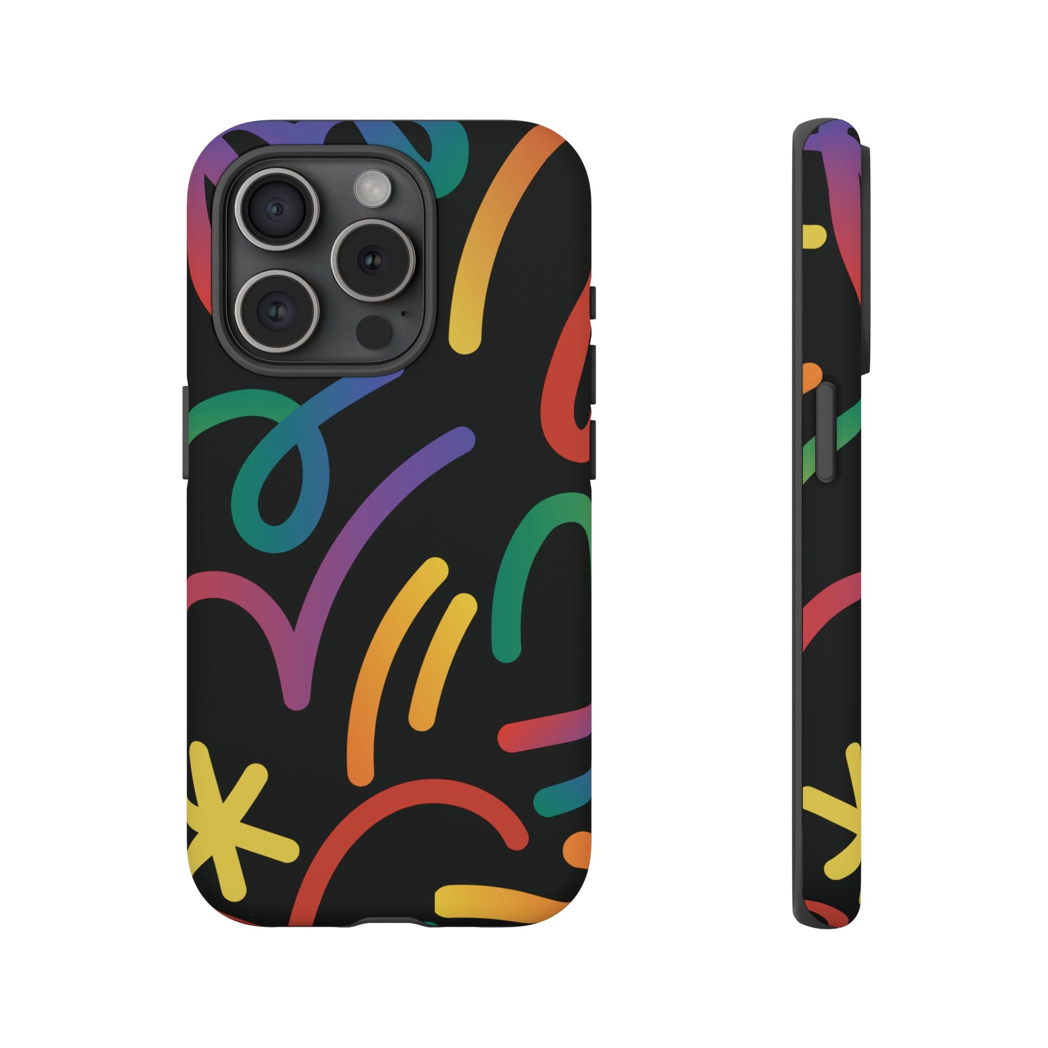 Colorful Doodle Tough Phone Case — Black Background Protective Cover