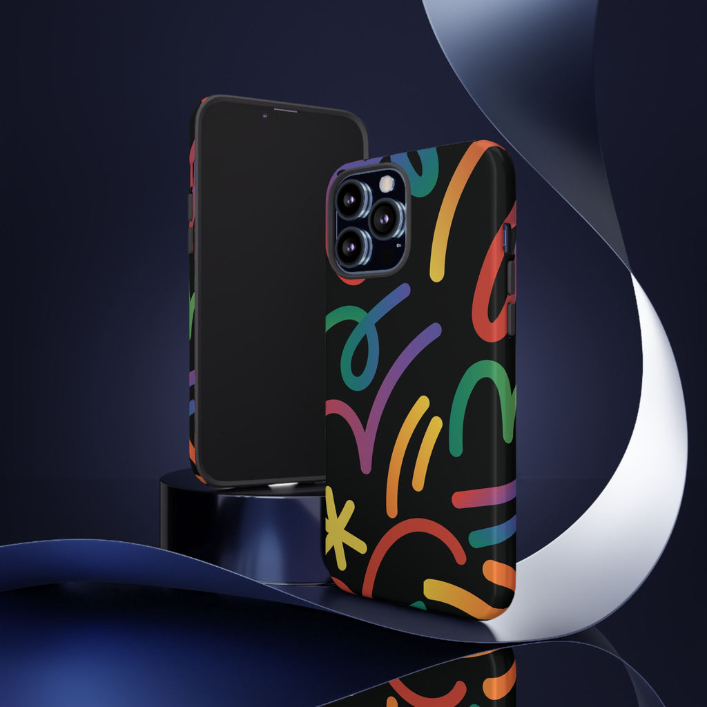 Colorful Doodle Tough Phone Case — Black Background Protective Cover
