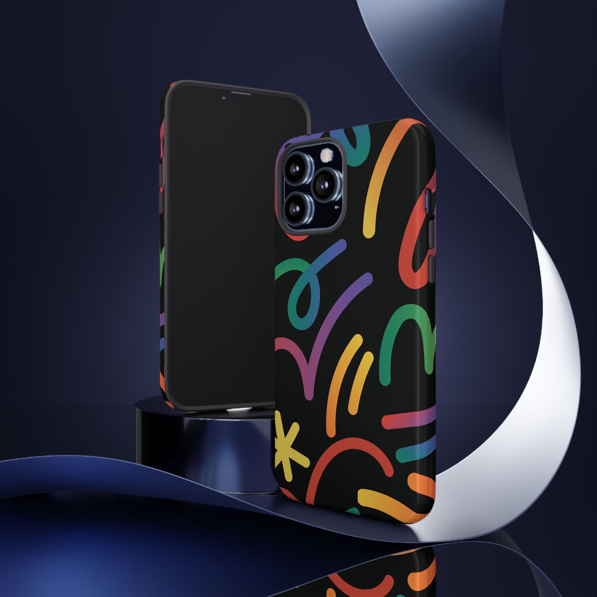 Colorful Doodle Tough Phone Case — Black Background Protective Cover