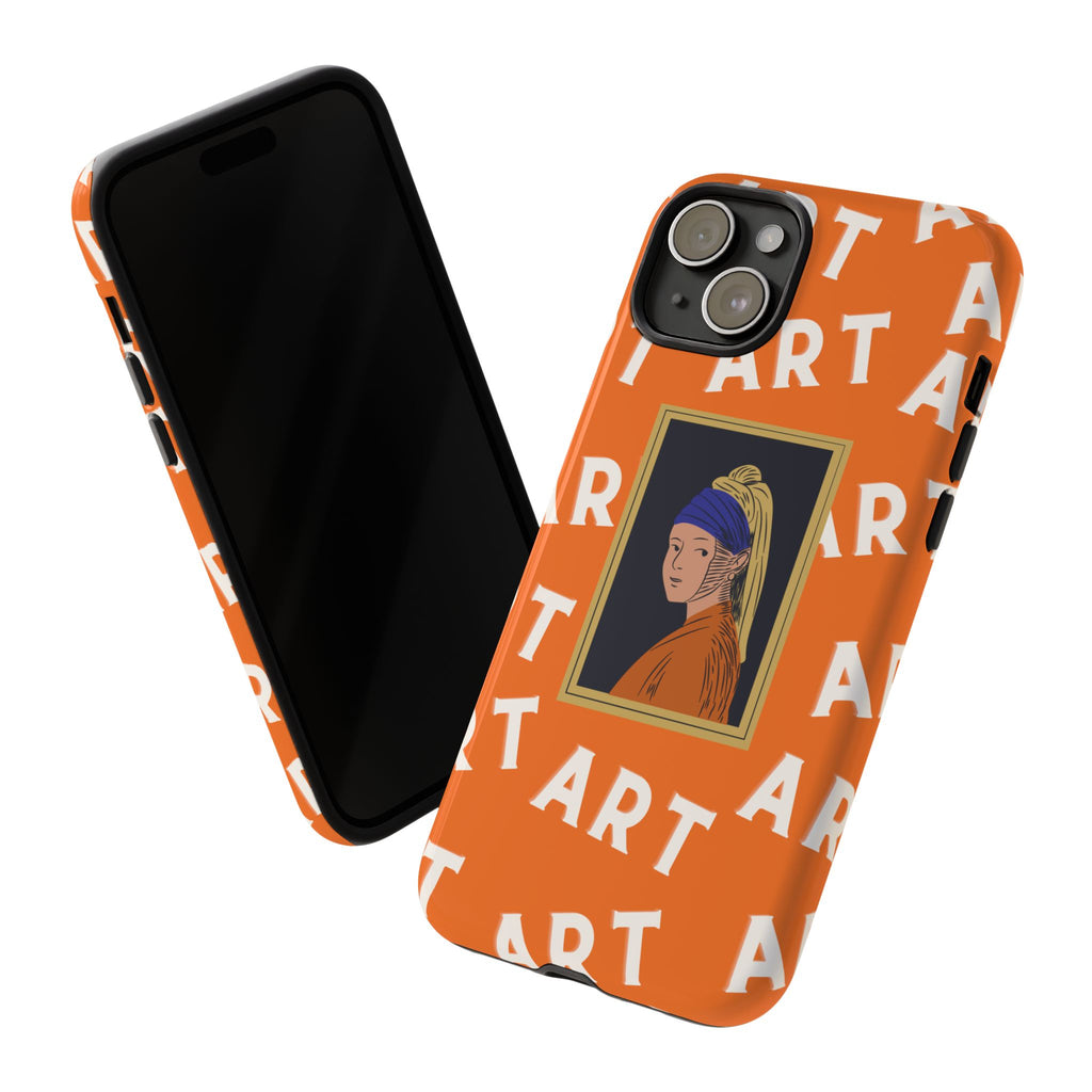 Bold Orange "ART" Pattern with Framed Girl with Pearl Earring Illustration