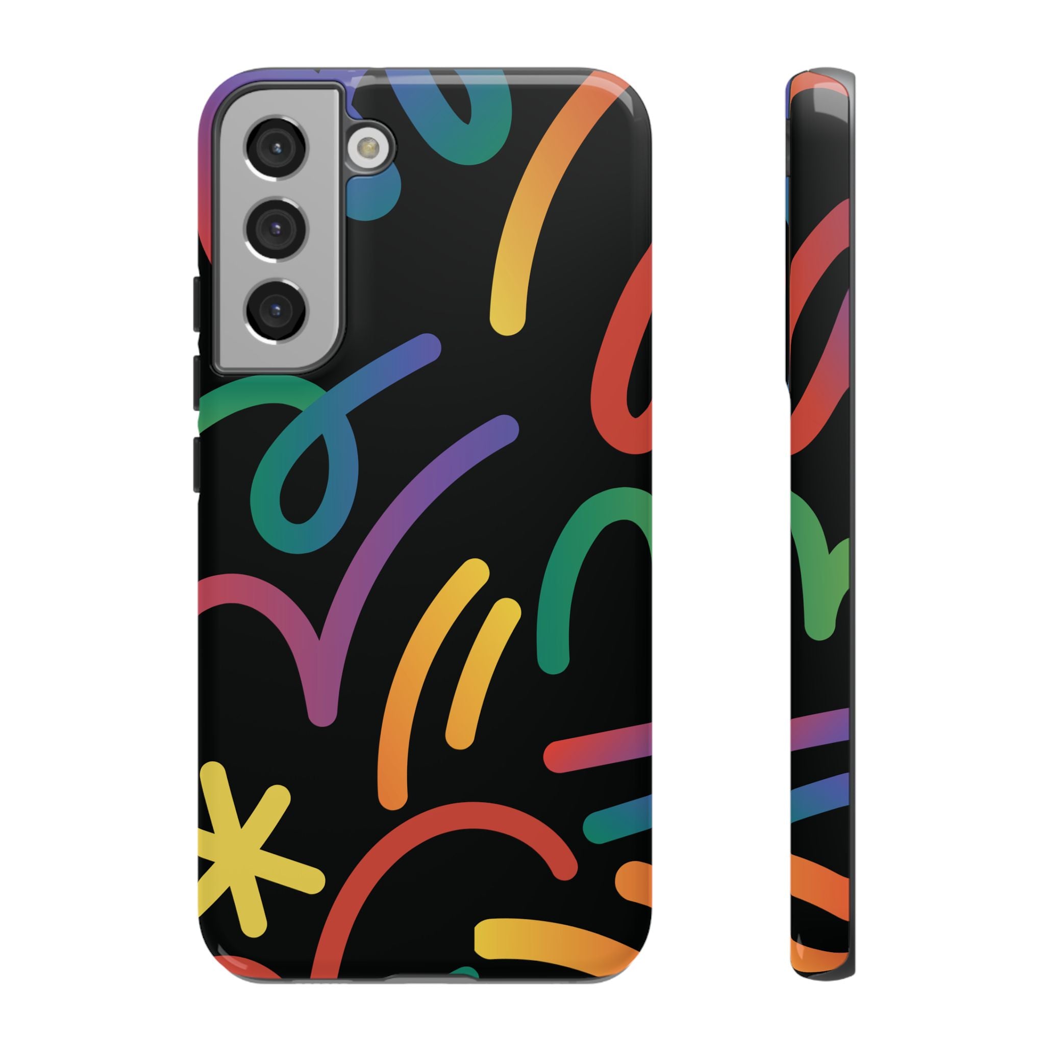 Colorful Doodle Tough Phone Case — Black Background Protective Cover