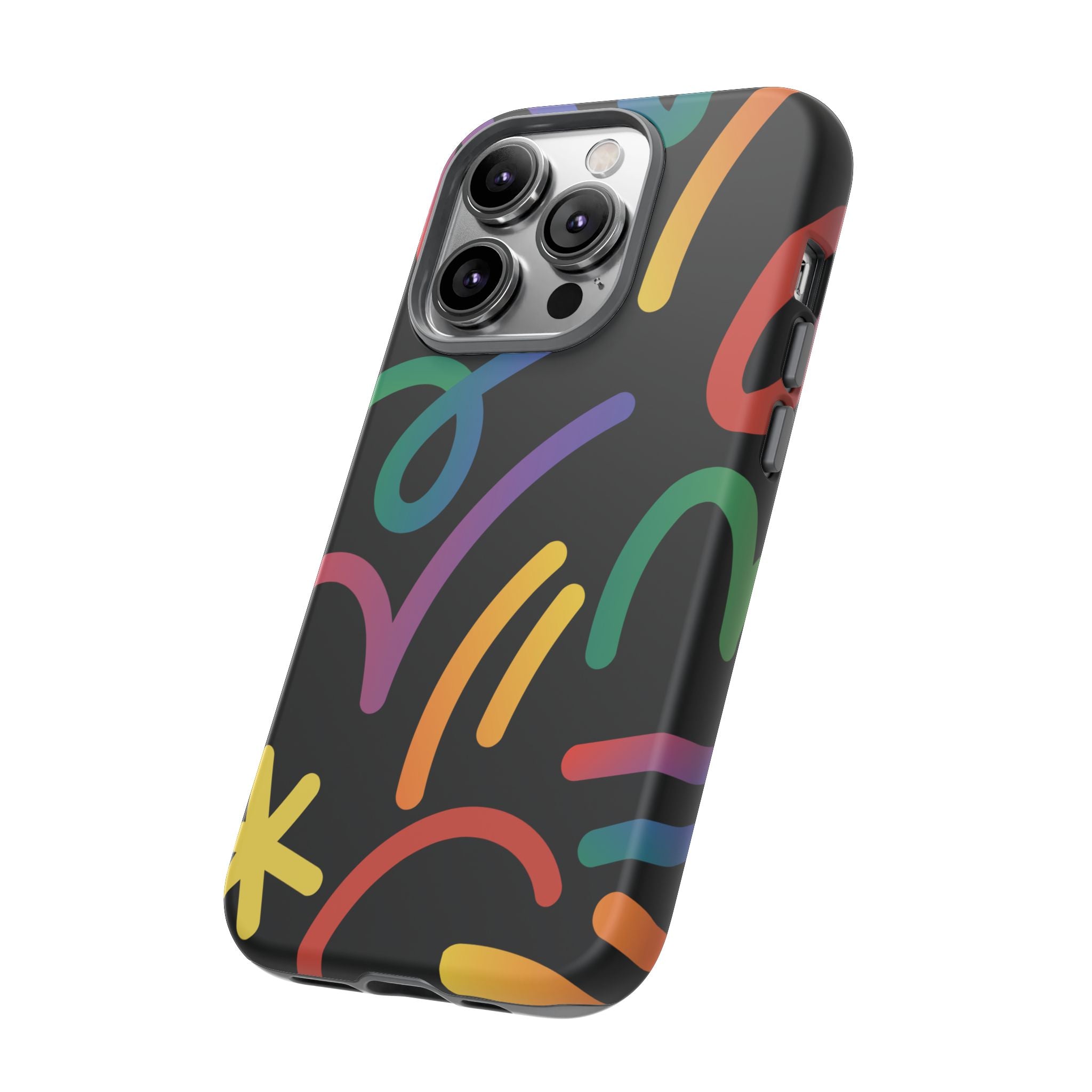 Colorful Doodle Tough Phone Case — Black Background Protective Cover