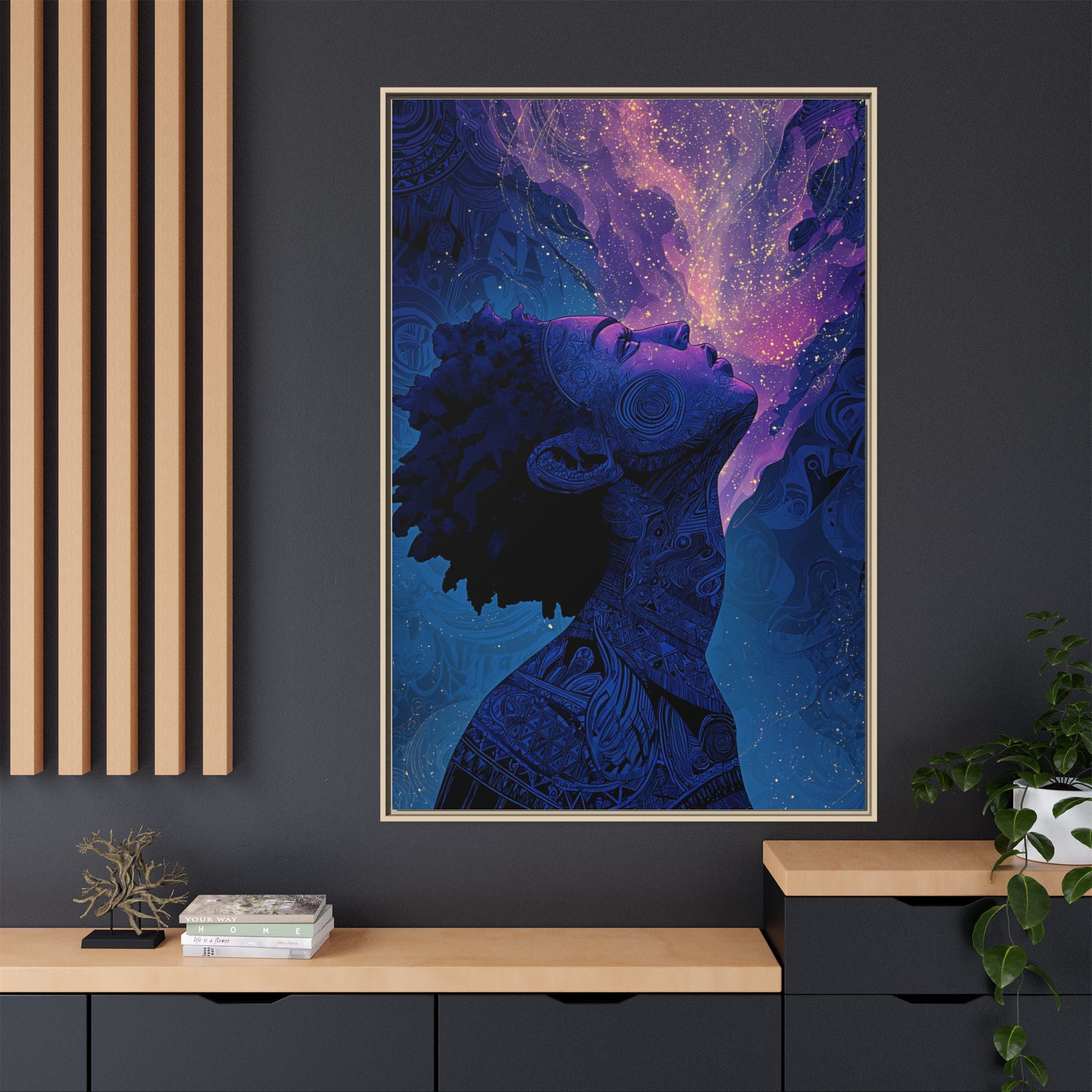 Cosmic Breath Portrait, Multicolor Galaxy Wall Print — Framed Matte Canvas Art