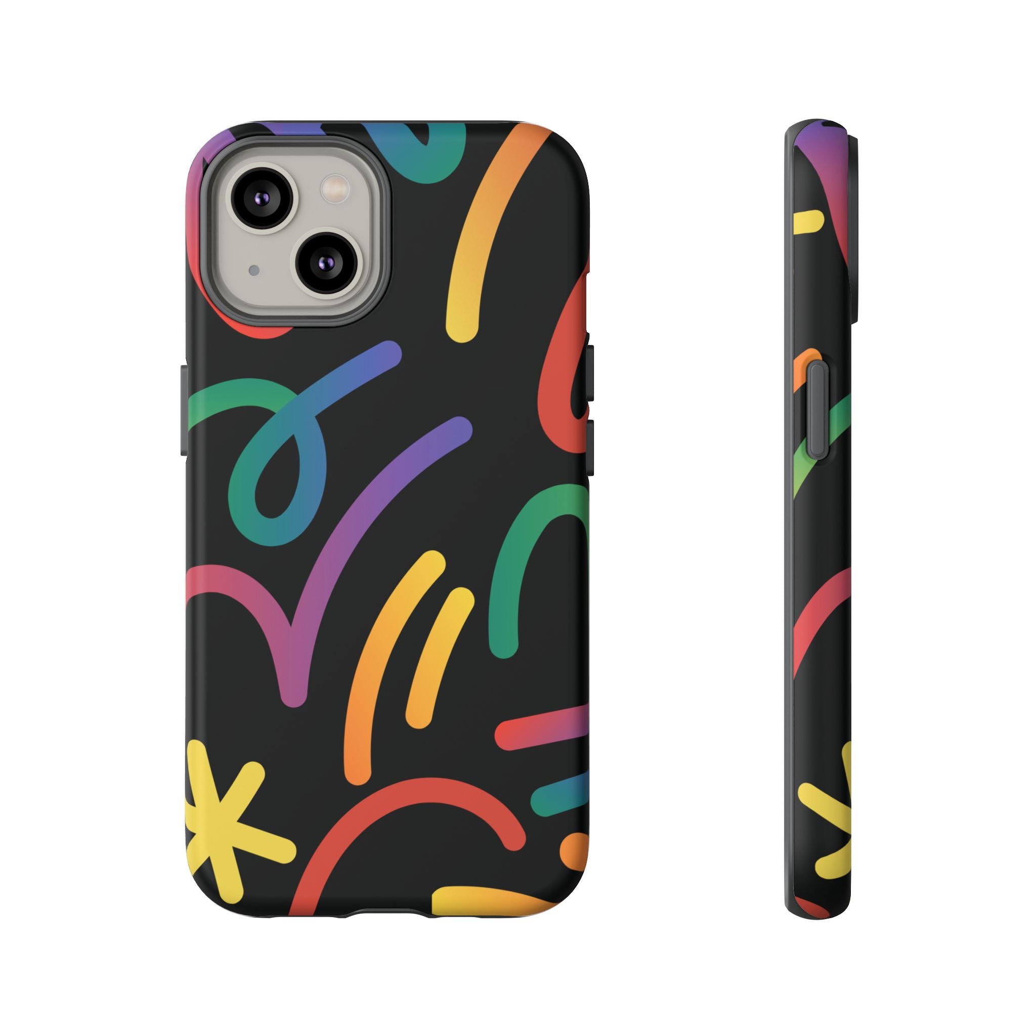 Colorful Doodle Tough Phone Case — Black Background Protective Cover