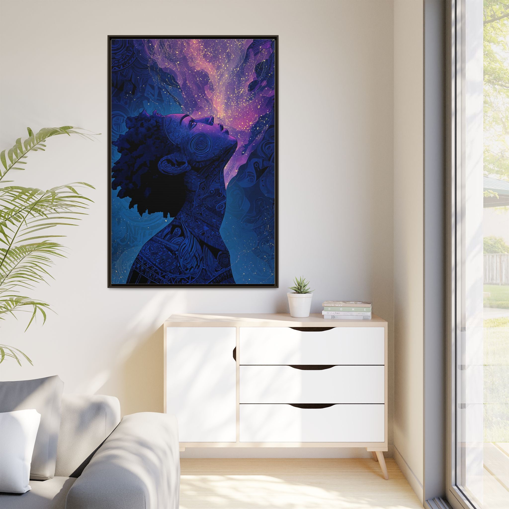 Cosmic Breath Portrait, Multicolor Galaxy Wall Print — Framed Matte Canvas Art