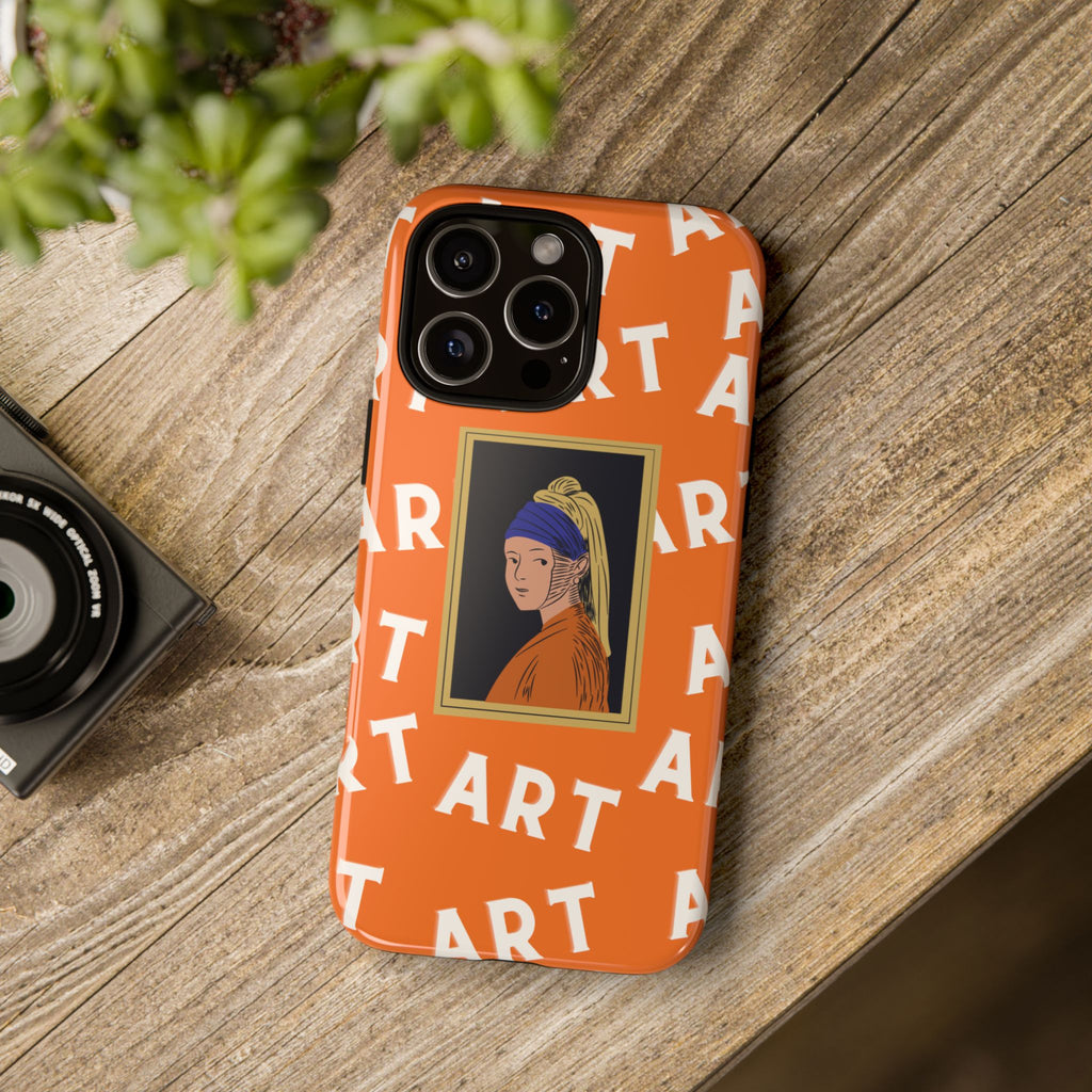 Bold Orange "ART" Pattern with Framed Girl with Pearl Earring Illustration