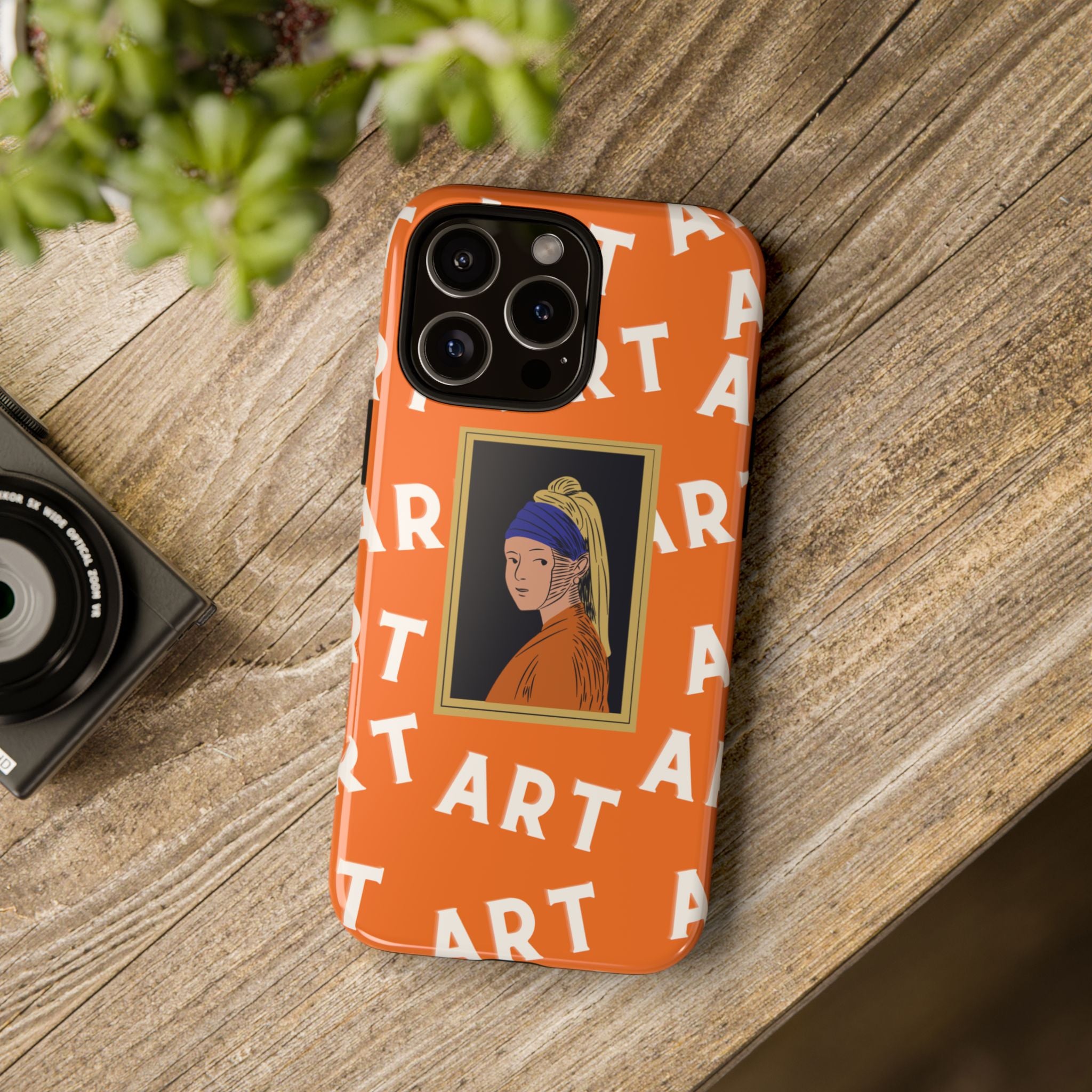 Bold Orange "ART" Pattern with Framed Girl with Pearl Earring Illustration