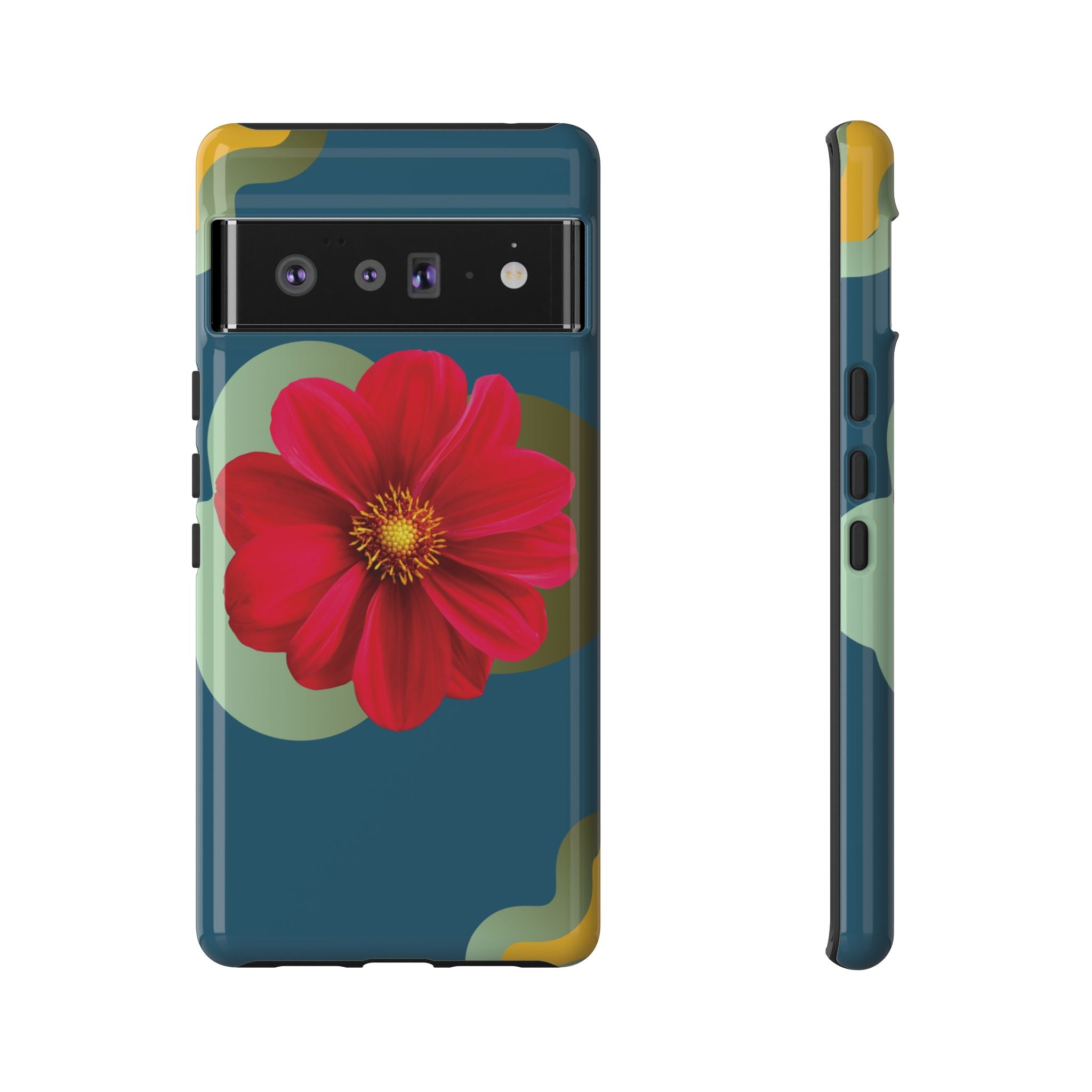 Floral Burst Tough Phone Case — Red Flower on Teal Protective Cover