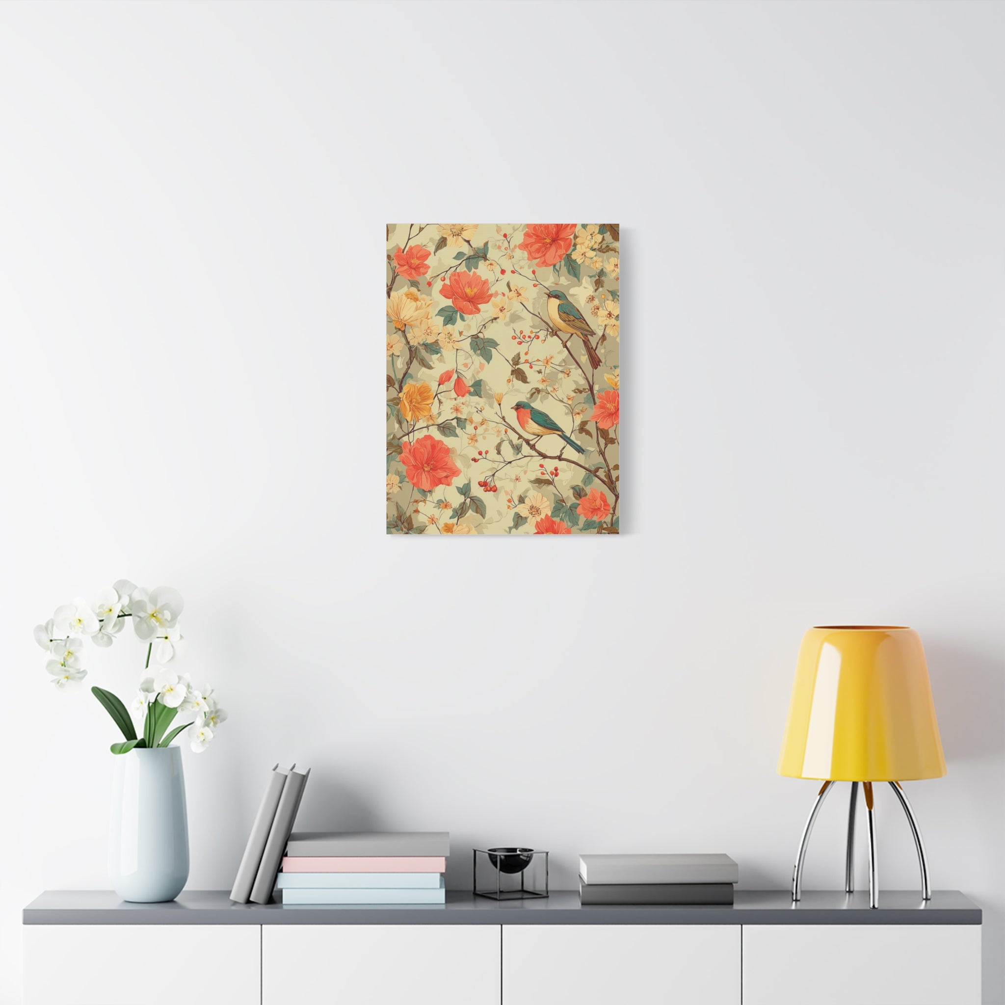 Floral Bird Matte Stretched Canvas – Vintage Botanical Wall Art