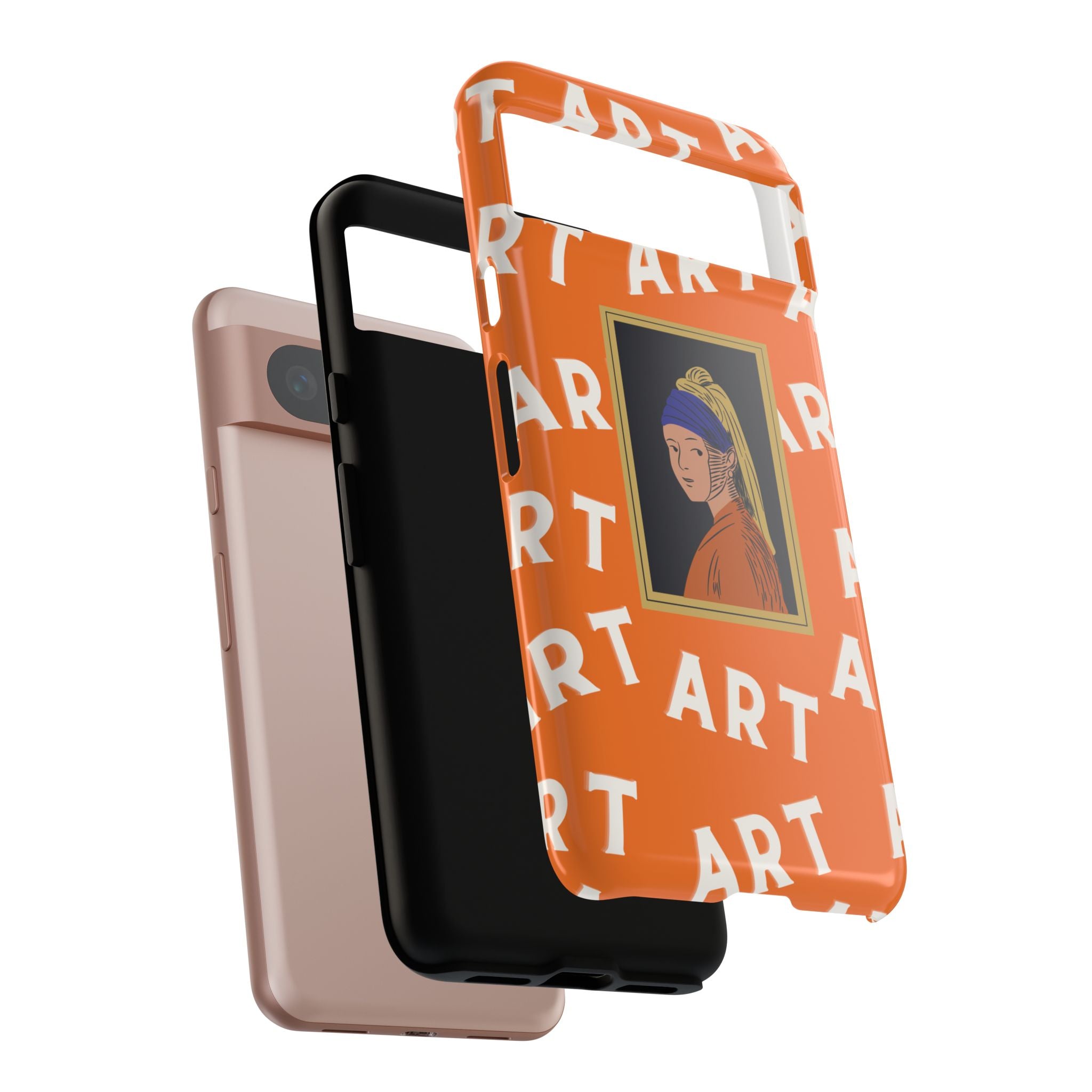 Bold Orange "ART" Pattern with Framed Girl with Pearl Earring Illustration