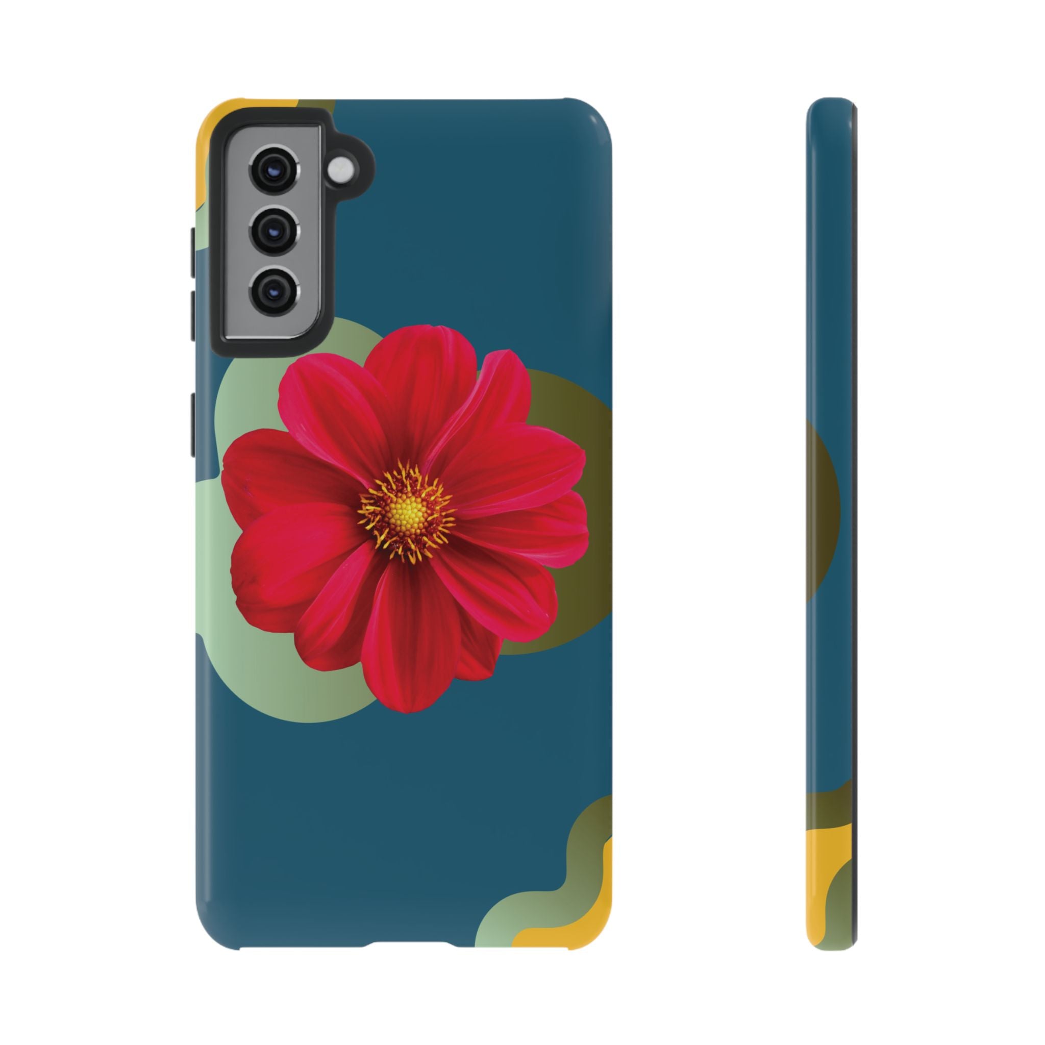 Floral Burst Tough Phone Case — Red Flower on Teal Protective Cover
