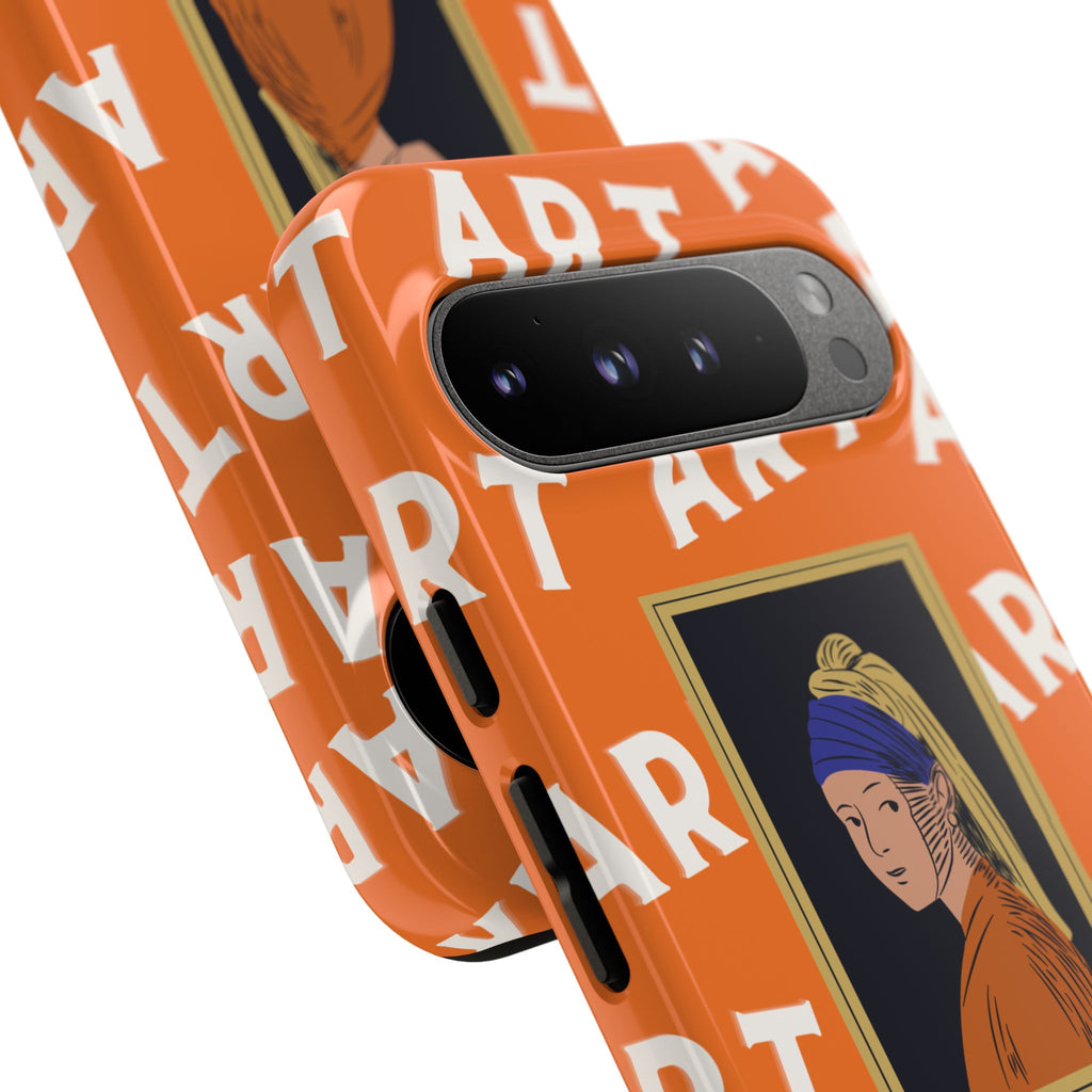 Bold Orange "ART" Pattern with Framed Girl with Pearl Earring Illustration