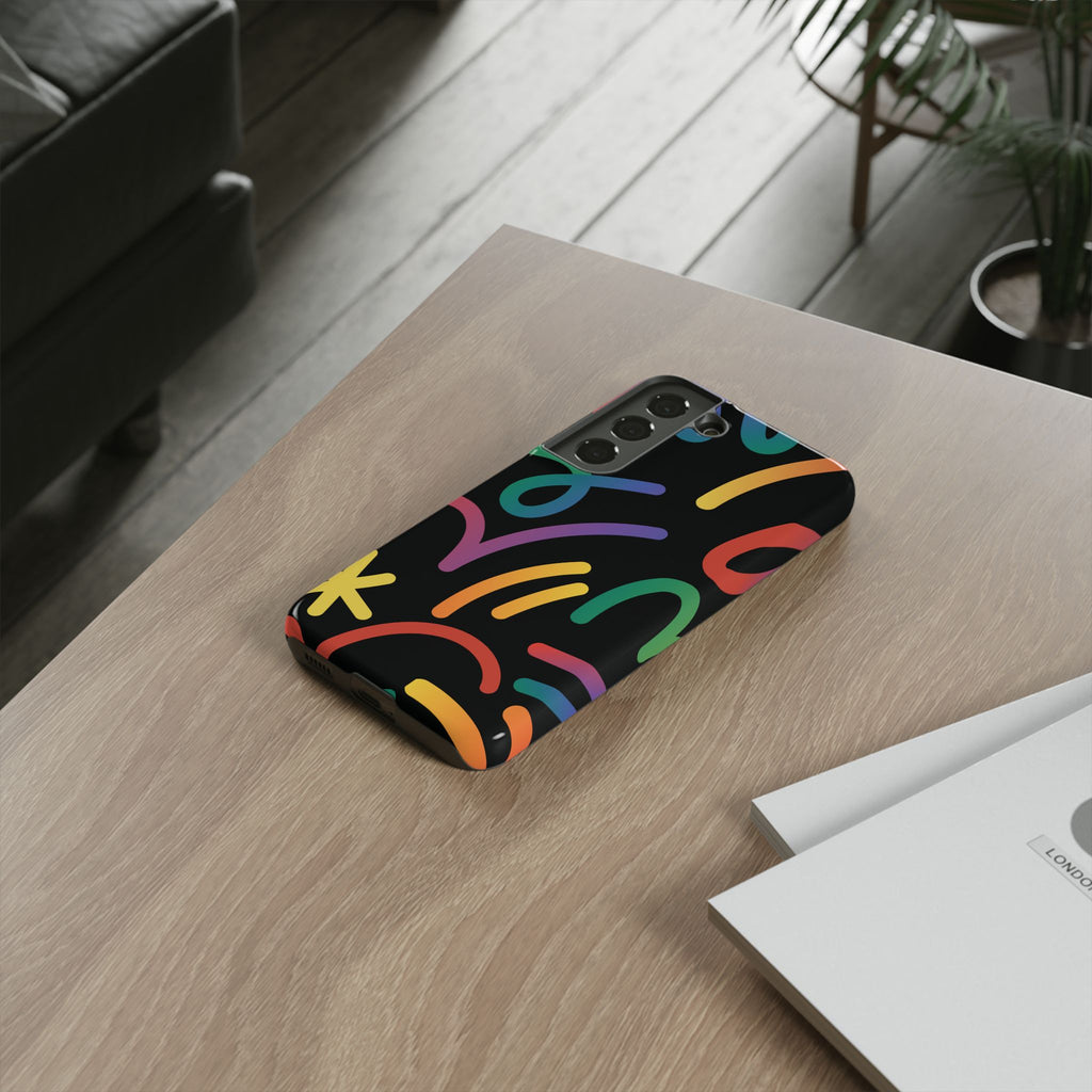 Colorful Doodle Tough Phone Case — Black Background Protective Cover
