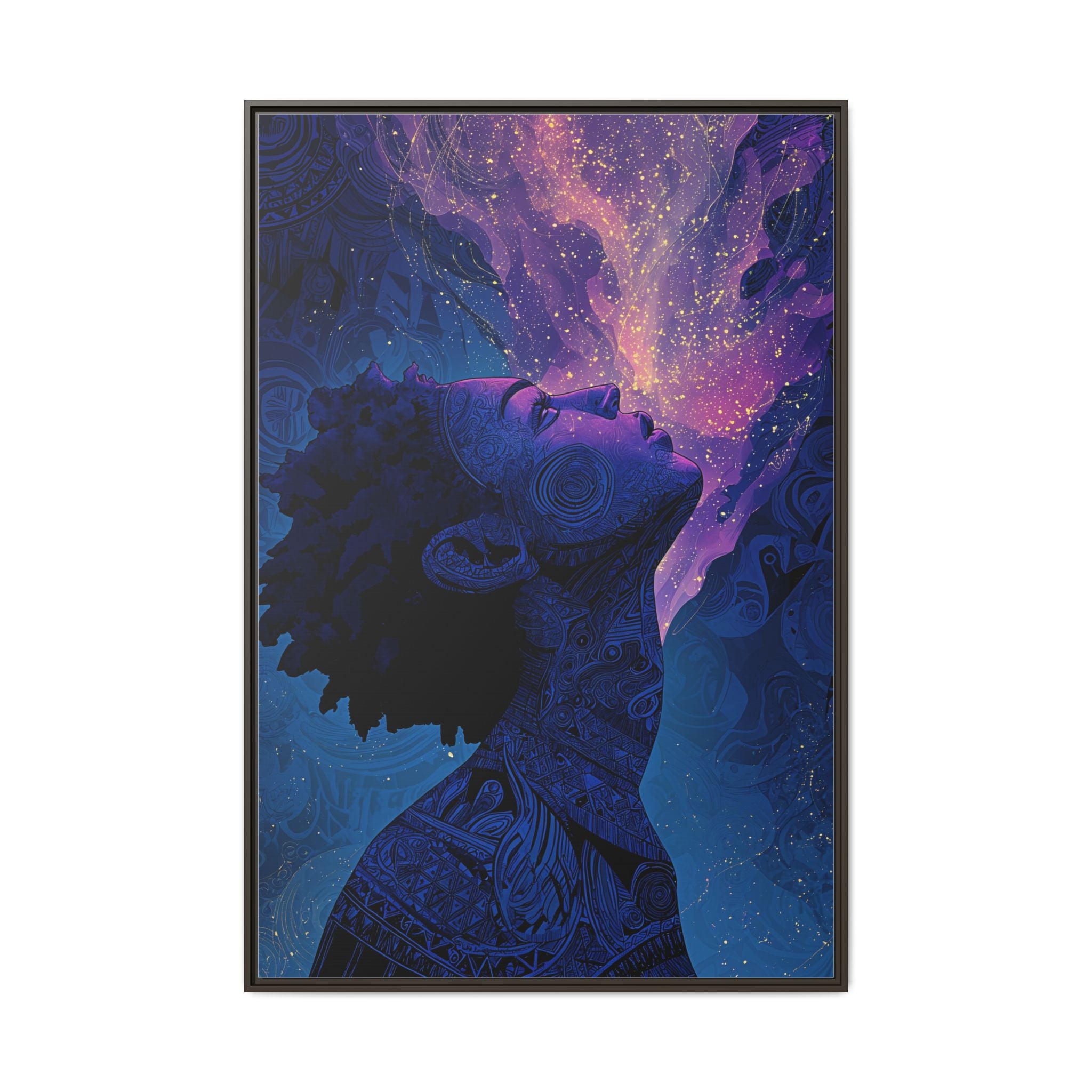 Cosmic Breath Portrait, Multicolor Galaxy Wall Print — Framed Matte Canvas Art