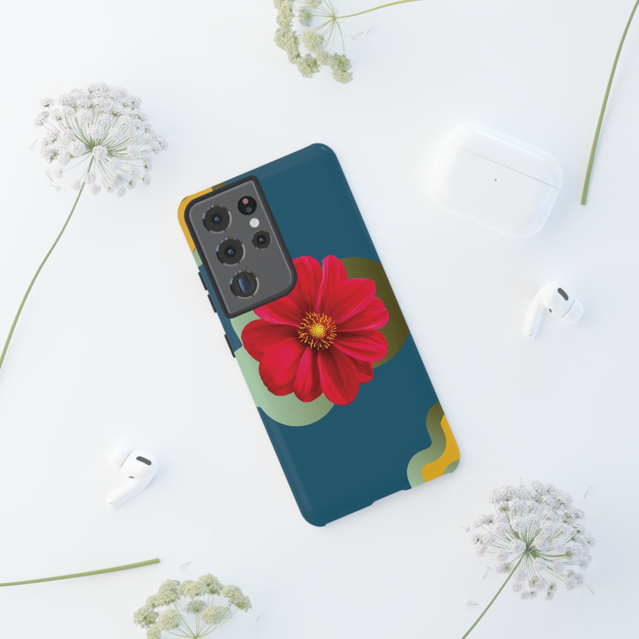 Floral Burst Tough Phone Case — Red Flower on Teal Protective Cover